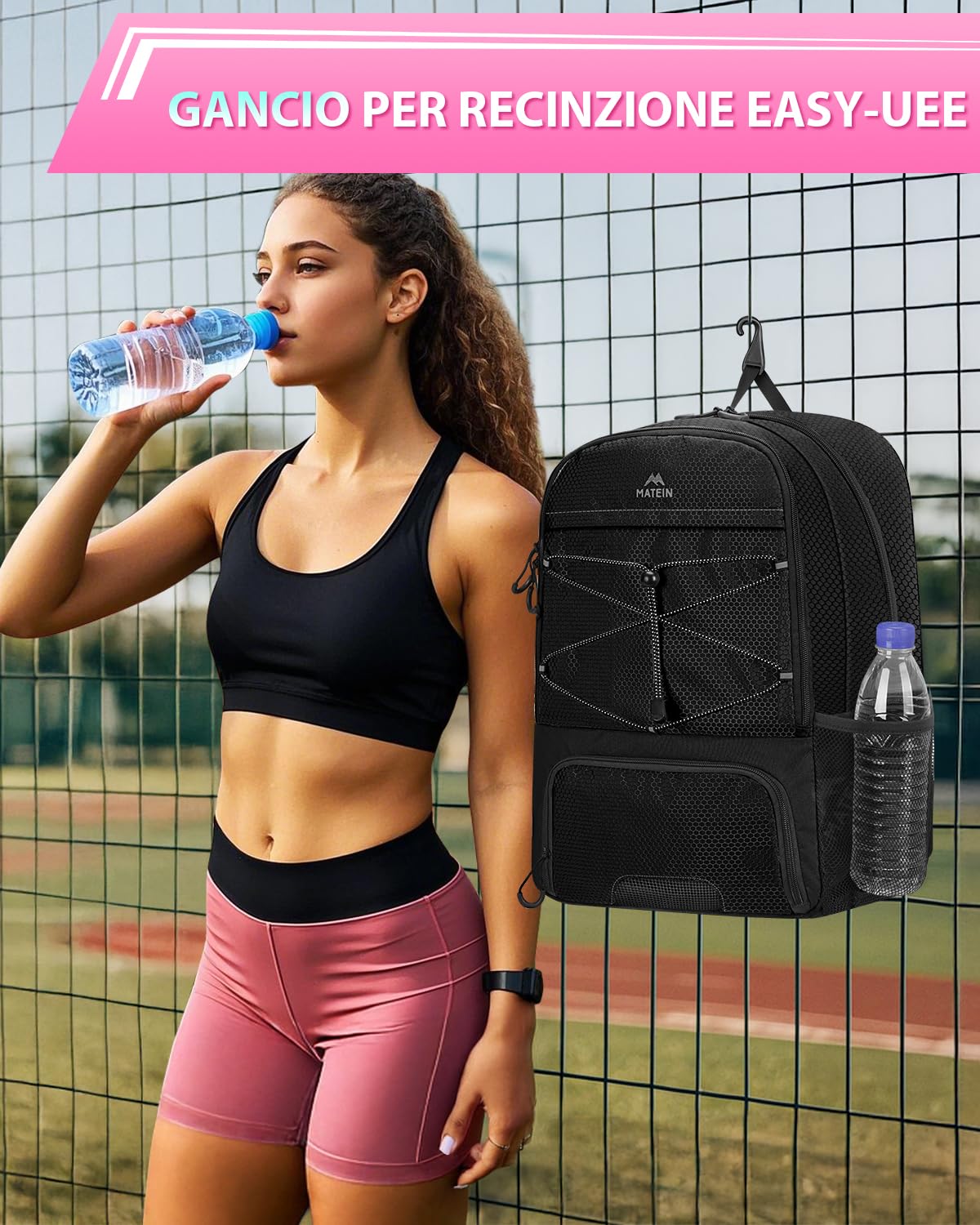 MATEIN Zaino Calcio con Porta Scarpe, Impermeabile Zaini Sportivo Uomo per PC 15.6 Pollici, Leggero Borsa Calcio con Gancio, Sacca Zaino Uomo e Donna per Football Pallacanestro Pallavolo, Nero