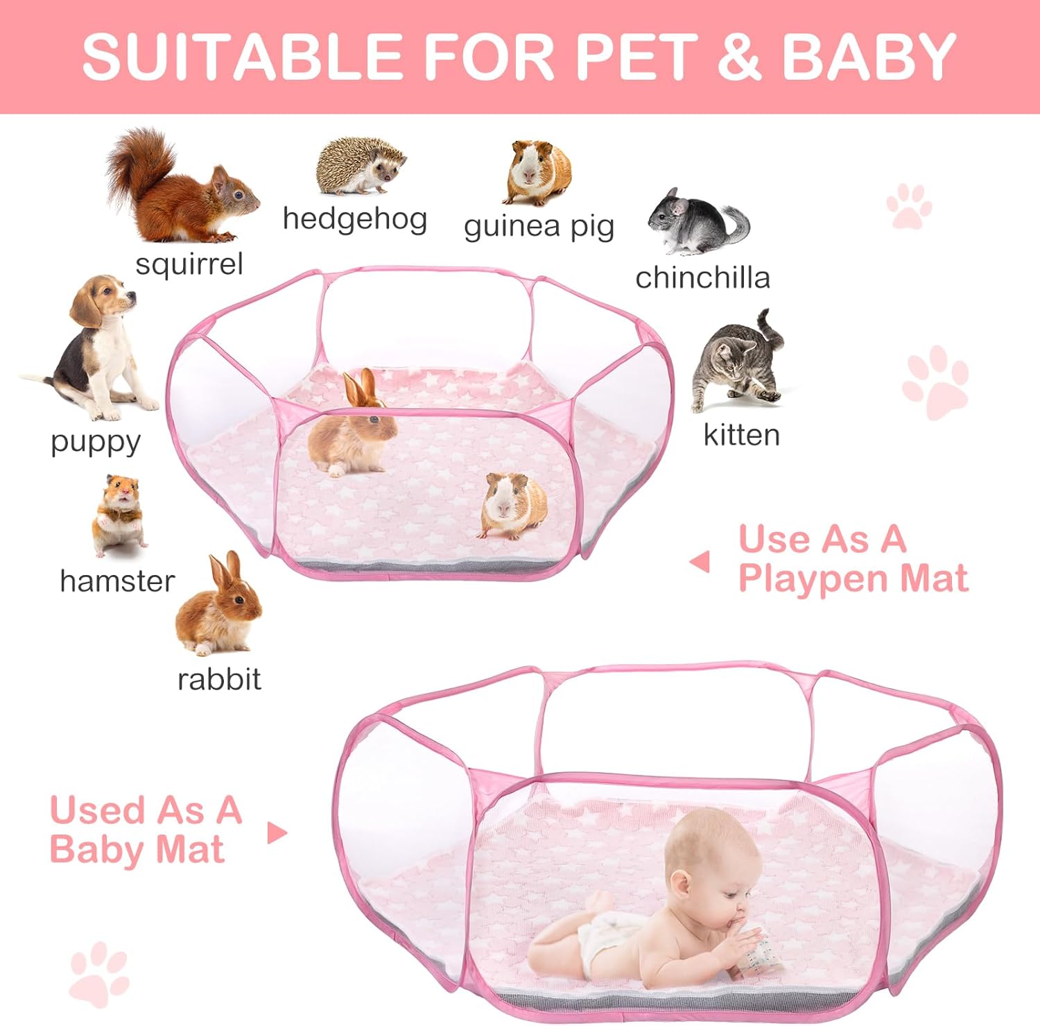 VitalCozy Hamster Playpen with Mat Small Animal Cage Tent Breathable Transparent Guinea Pig Playpen Waterproof Portable Yard Fence Mat Foldable Exercise Playpen Outdoor Indoor (Pink,Star)