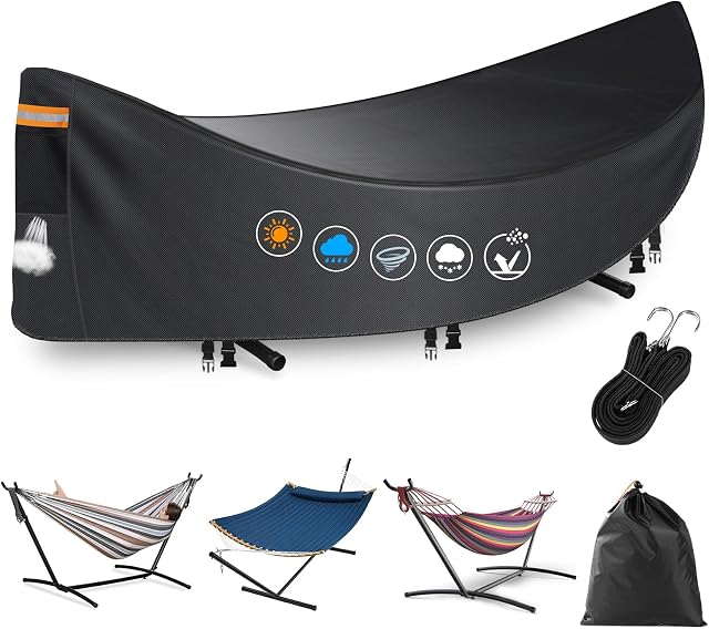 Hammock Cover Waterproof,Heavy Duty 420D Hammock Stand Covers for Outdoor,Breathable Dust Protector with 2 Air Vents,3 Windproof Buckles,Universal Cover Fits for 11-12ft Stand,All-weather Protection