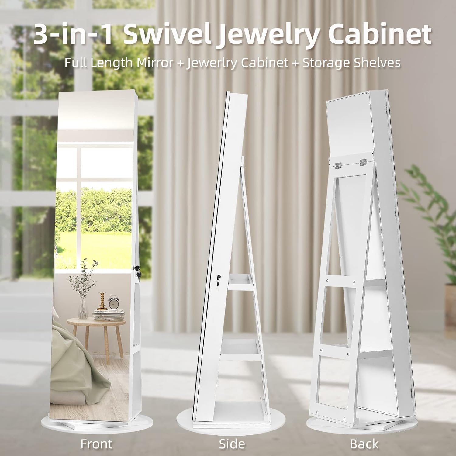 Three views of the jewelry cabinet: front with full-length mirror, side profile, and back with storage shelves, illustrating its 3-in-1 swivel design.