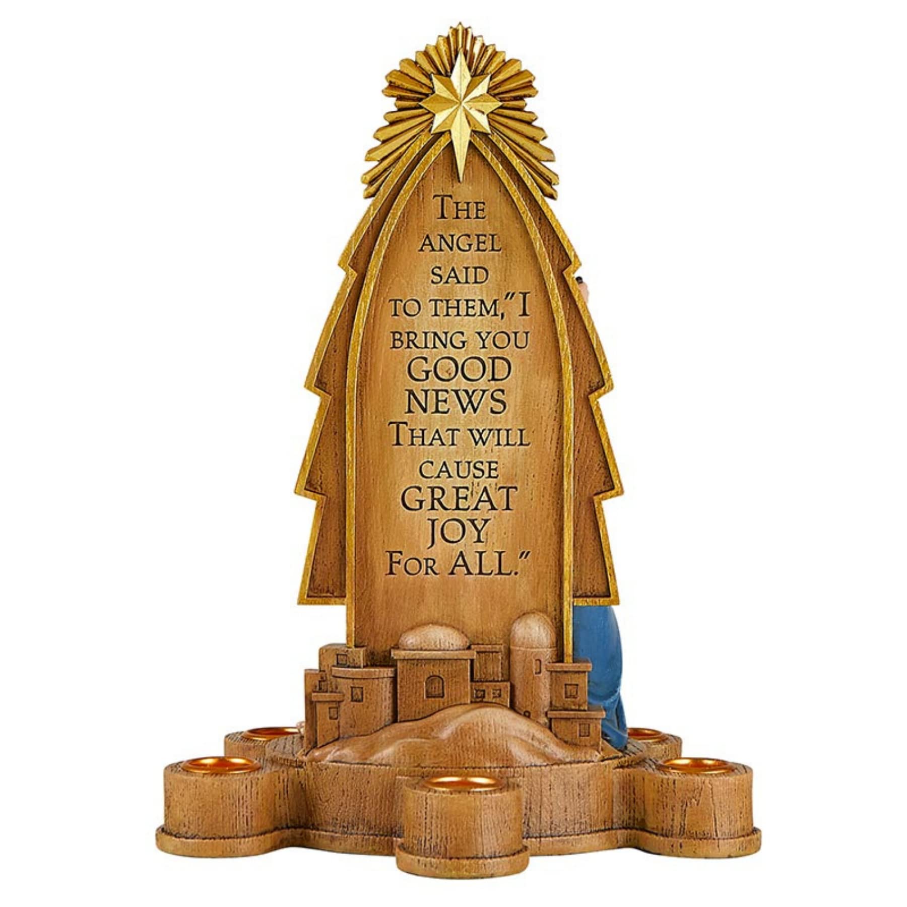 Good News - Portavelas de Adviento de la Sagrada Familia con Escrituras grabadas, figura religiosa de Navidad para interiores, decoraciones de Navidad para el hogar, 10.75 pulgadas