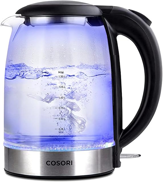 COSORI Electric Glass Kettle, 3000W 1.5L with Blue LED, Stainless Steel Filter, Boil-Dry Protection, Fast and Quiet Boil, Black