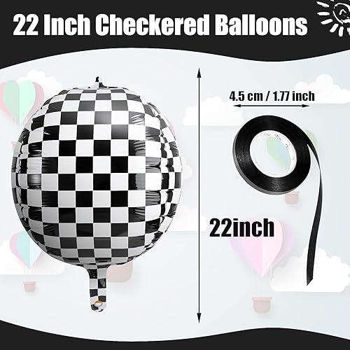 Miniatura 2 de 14 globos de aluminio a cuadros de 22 pulgadas, globos de tablero de ajedrez blanco y negro, globos de cumpleaños con cinta negra para decoración de
