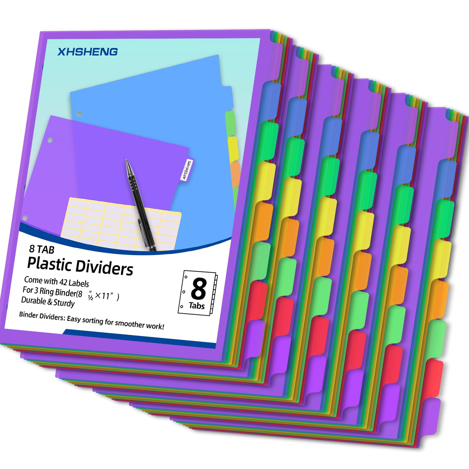 Binder Dividers for 3 Ring Binder,8 Tab Plastic File Dividers, Multicolor,Pack of 6sets(48 Dividers Total)
