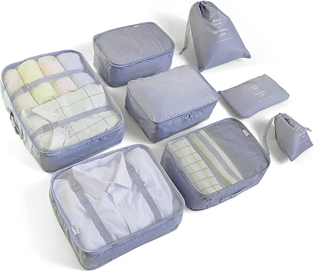 Suitcase Organiser Set, Packing Cubes Clothes Bags Shoe Bag Travel Organiser Packing Cube Cosmetic Travel Organiser Packing Bags for Suitcases (8 Pieces, Grey)