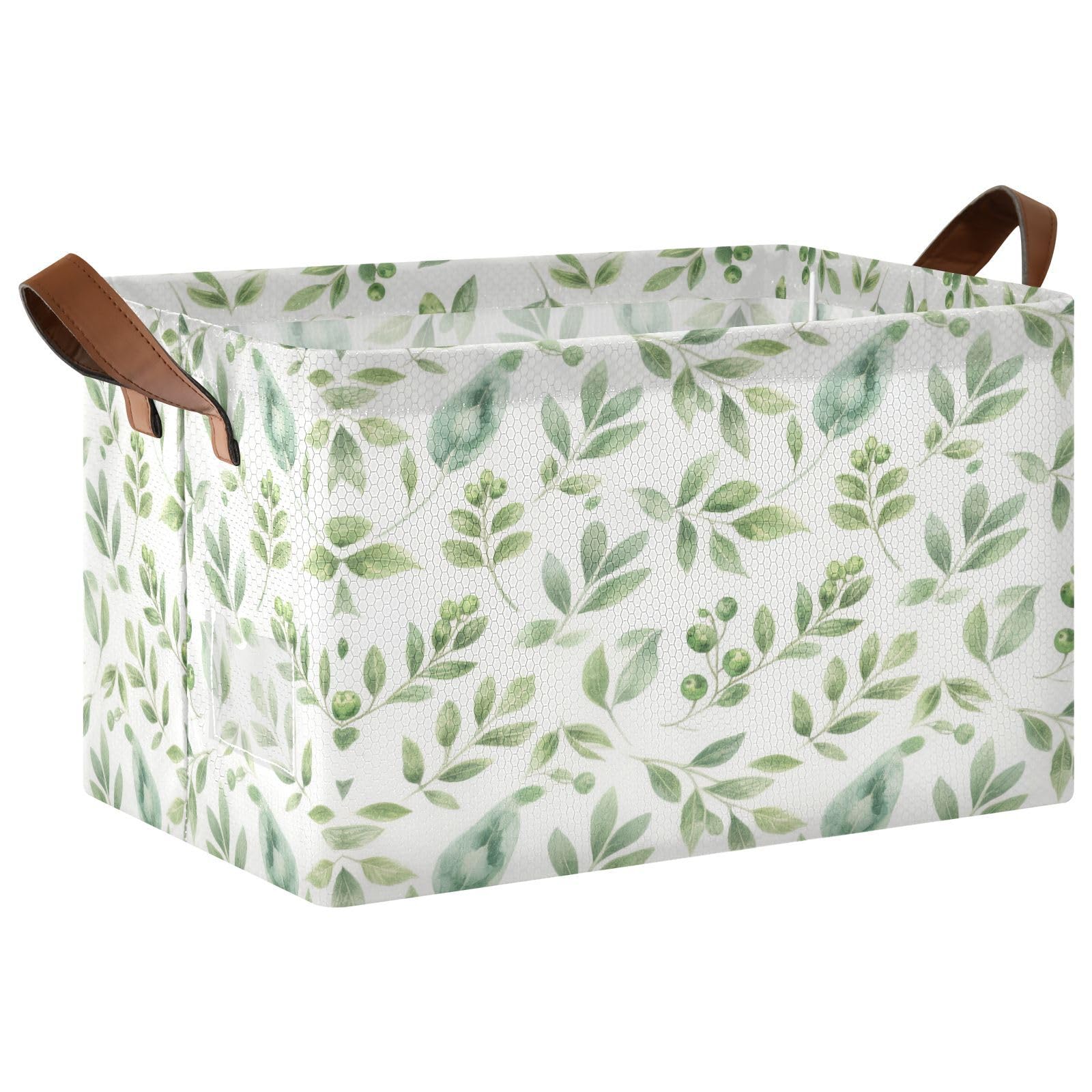 Cgiub Green Leaves Storage Basket Waterproof Foldable Storage Bin Baby Laundry Basket Closet Organiser for Nursery Decor Home Organizing