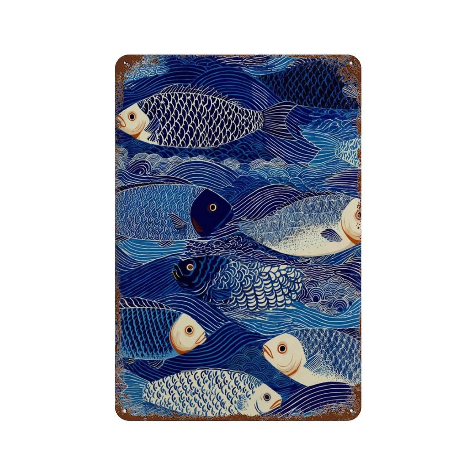 xiaoxiaoshen Blue Fish Japanese Koi Wall Decor Art Metal Tin Poster Modern Home Decor Art Home Bar Shop Decorations Vintage Sign 30x20cm
