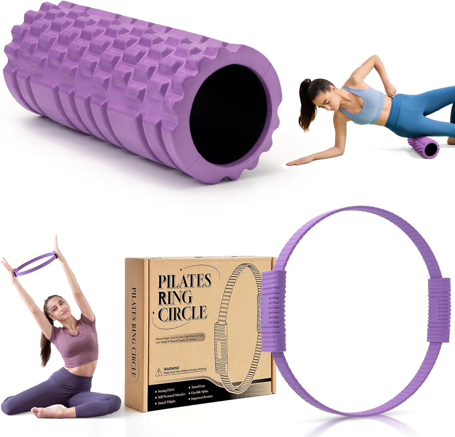 Foam Roller for Deep Tissue Massager, 13" High Density Exercise Patented Roller + 14" Magic Circle Pilates Rings for Focusing on Toning Inner Thighs Purple
