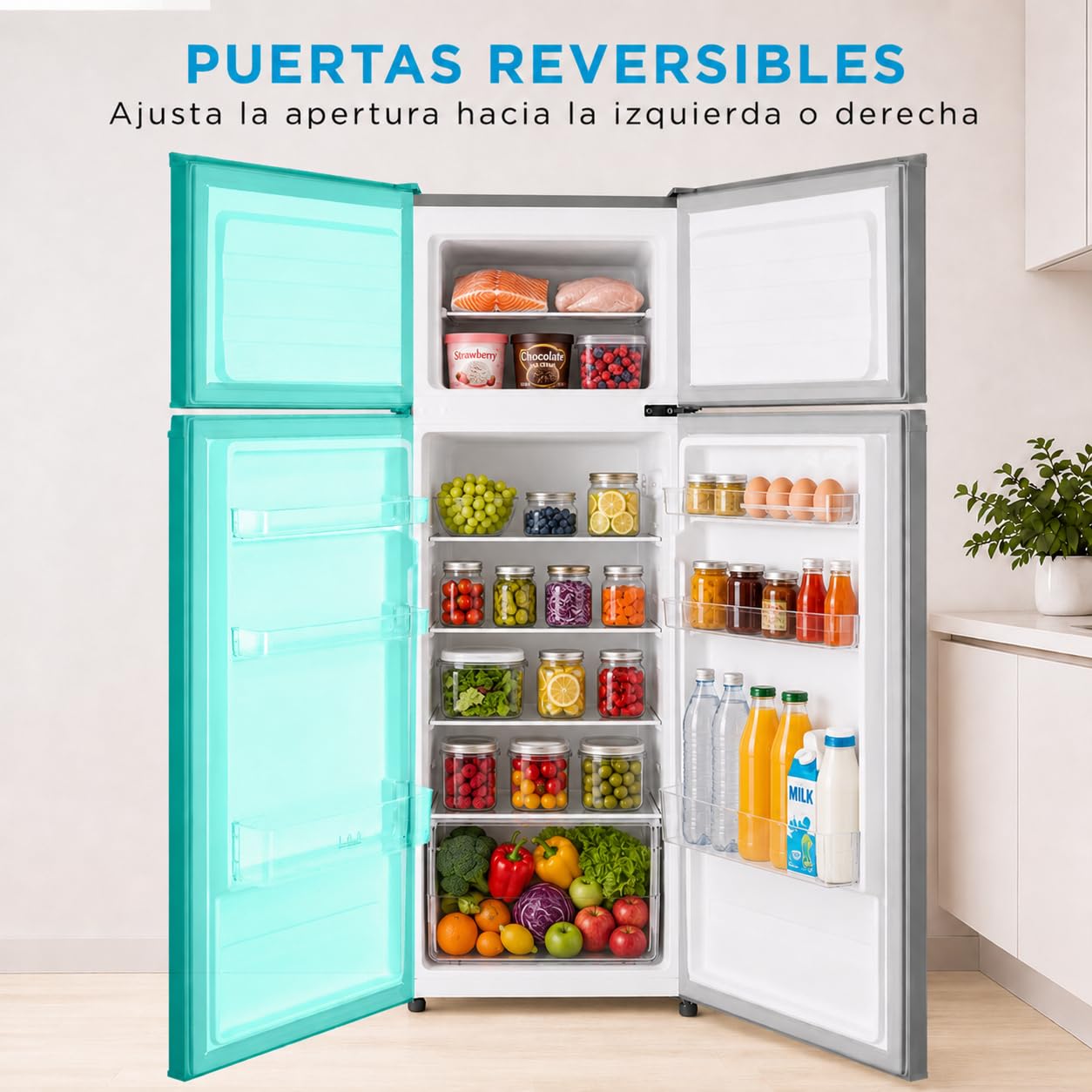 Midea Frigorífico 2 puertas 140 cm alto x 55 cm ancho, Inox, Capacidad 204 L, Nevera Pequeña con Congelador Low Frost de Bajo Consumo, Puerta Reversible, Luz LED, Silencioso 40dB, Cajón de Frutas