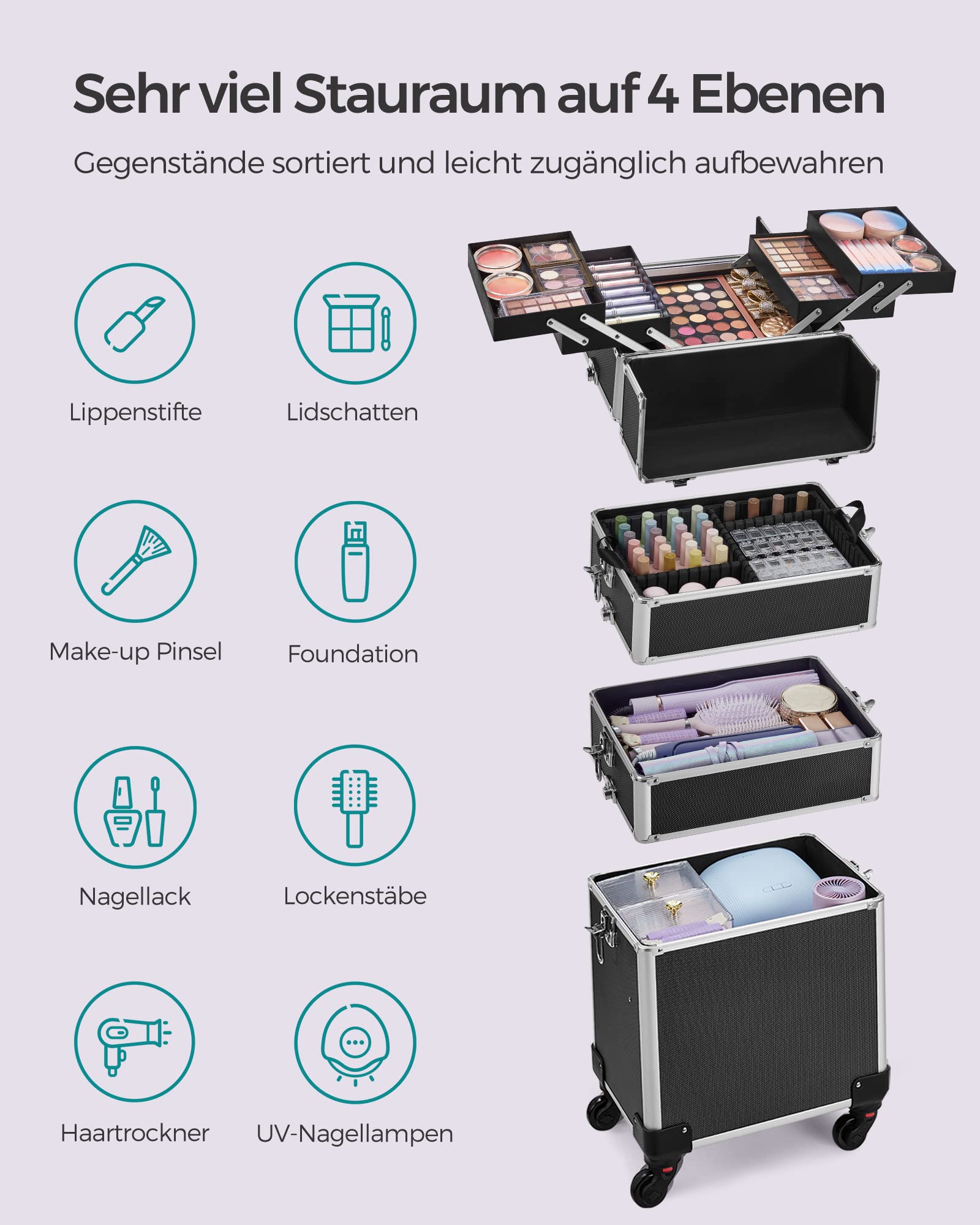 SONGMICS Kosmetikkoffer Trolley 4-in-1 Schminkkoffer 35 x 25 x 79 cm abschließbar 360° drehbare Rollen schwarz
