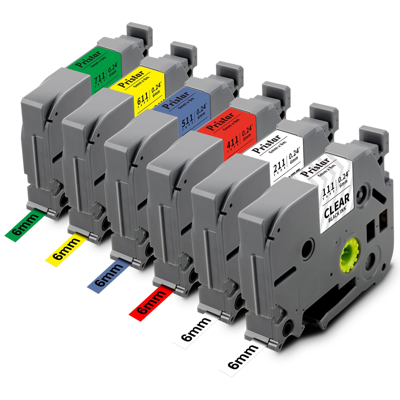 Pack 6 Rubans Compatibles Brother TZe-211 TZe-111 6mm Noir Sur Blanc & Couleurs - Pour P-Touch PT-H105, H100, D400, P300BT