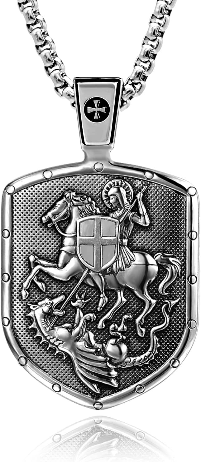 VENICEBEE® St. George Medal Pendant Necklace Saint Mounted Slaying Dragon Cross Shield Protection Christian Sacramental Solid 925 Sterling Silver + Velvet Pouch, Polishing Cloth, Fine Gift Box