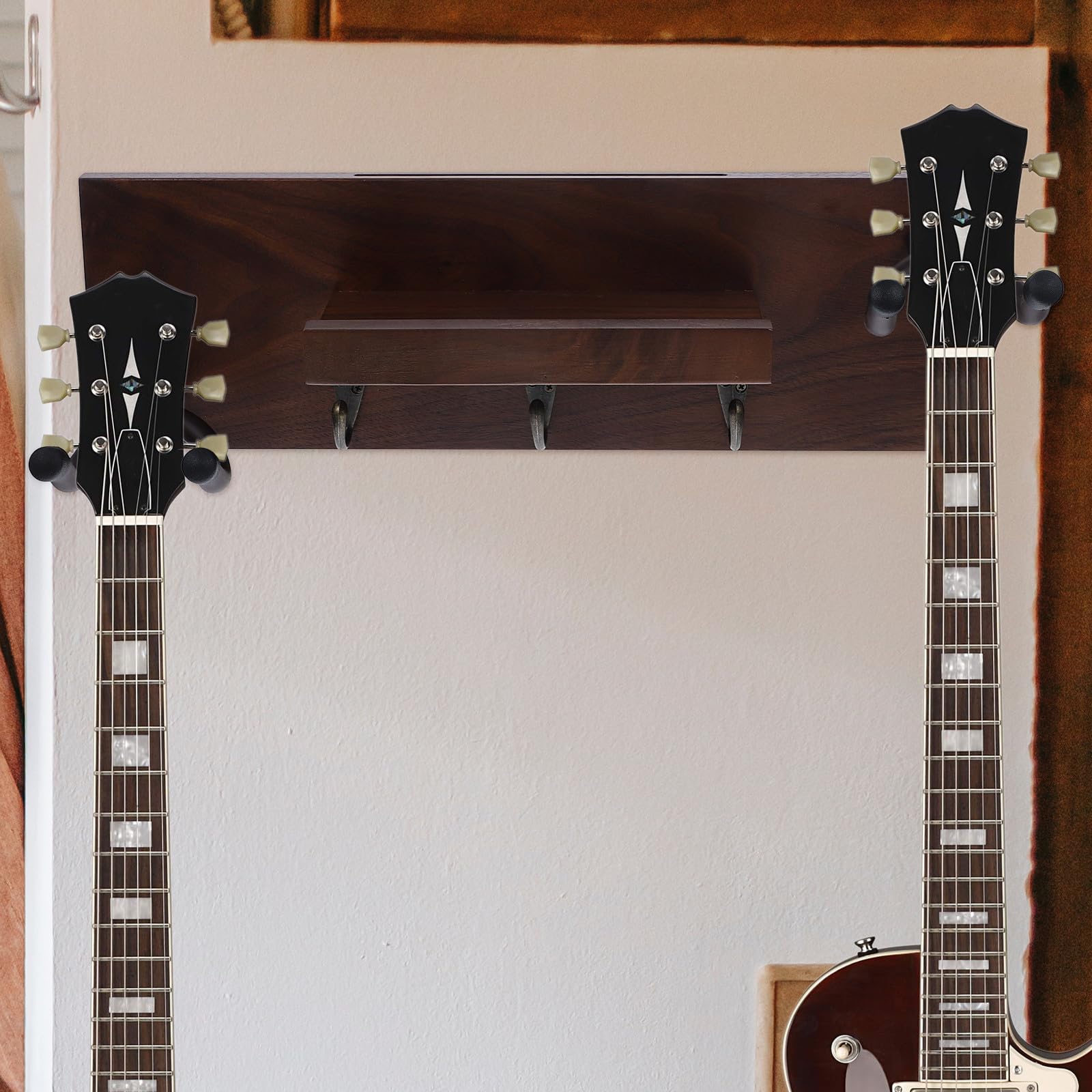ifundom Supporto per Chitarra da Muro 4 in 1 Gancio per Chitarra Legno e Metallo per 2 Chitarre e Ukulele
