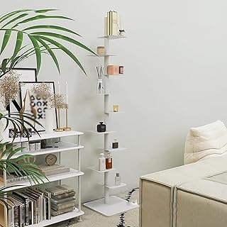 9段スリム本棚, ブックタワー 大容量収納ラック, スチールフレーム オープンシェルフ, 組立簡単, オフィス・リビング・書斎用, 白