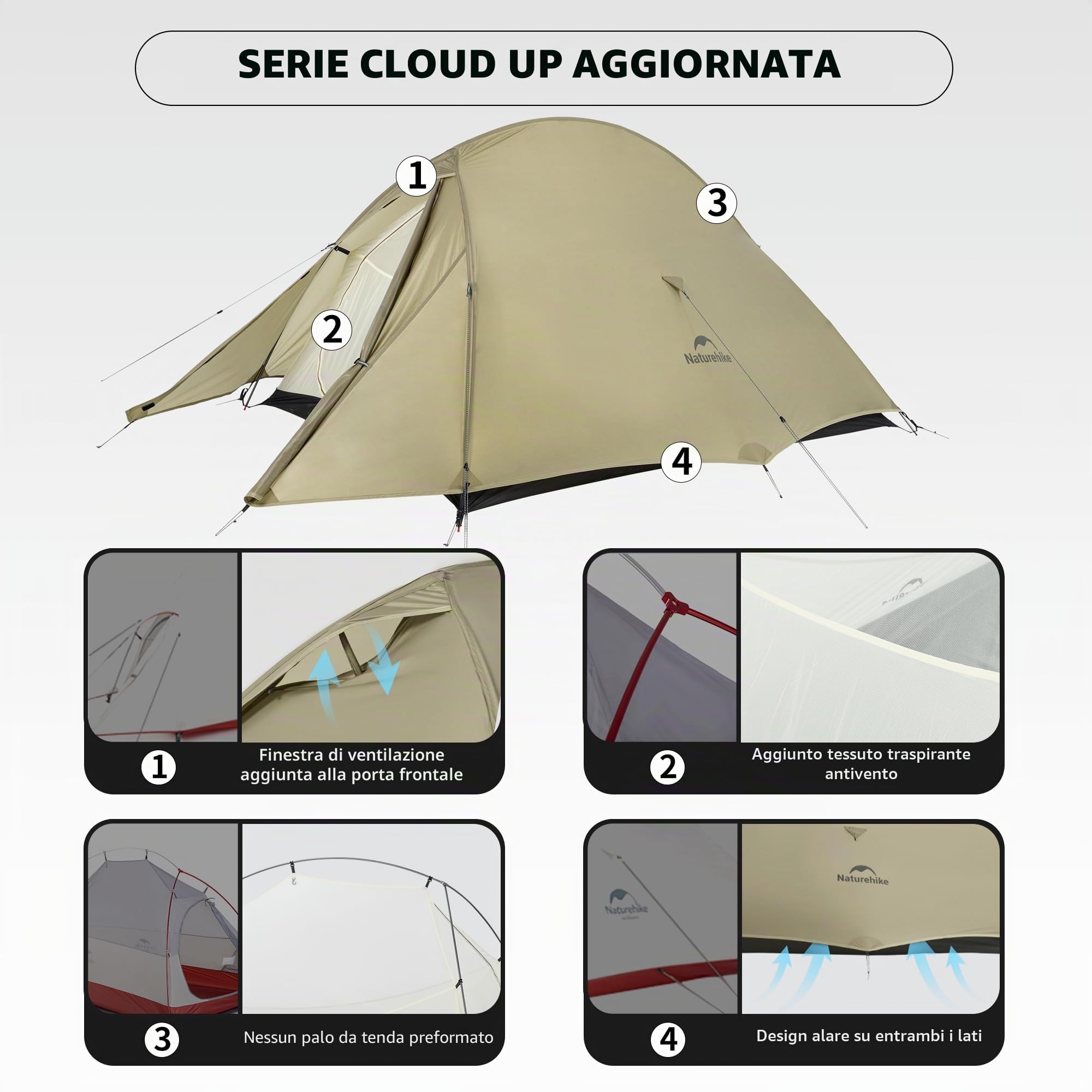 Naturehike Cloud Up Pro - Tenda da campeggio leggera per 2 persone, facile da montare, antivento e impermeabile, per attività all'aperto, viaggi, trekking (cachi/senza fluoro)