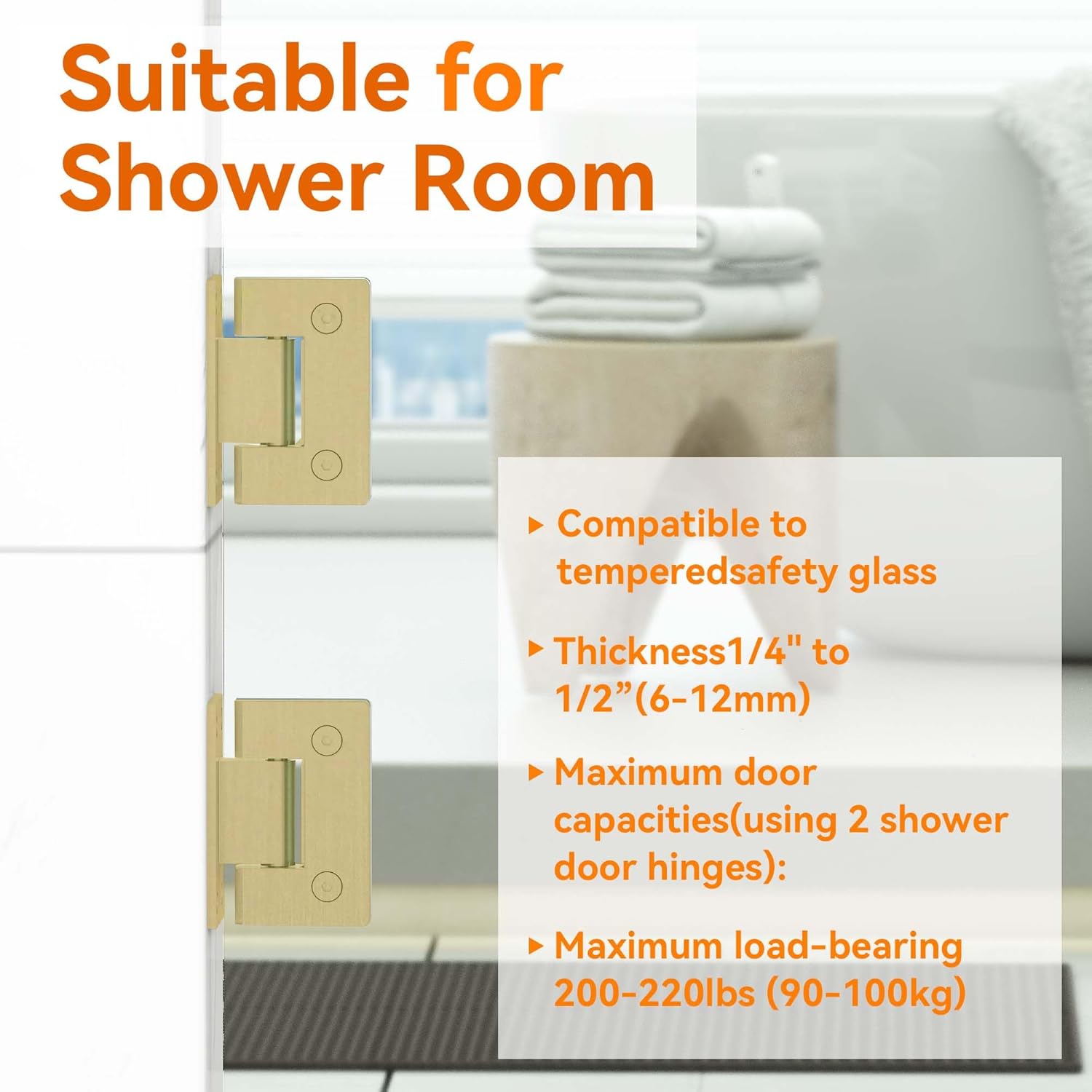 90 Degree Glass Shower Door Hinges, Heavy Duty Brushed Gold Shower Door Hinge for Bathroom, 2 PCS 304 Stainless Steel Shower Door Hinges for 1/4" to 1/2" Frameless Glass Shower Door