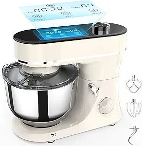 Stand Mixer 6QT Kitchen Mixer with LED Smart Touchscreen, 11-Speed Tilt-Head Mixer with Timer, 4 Preset Menus, Stainless Steel Bowl, Dough Hook, Whisk, Beater,White