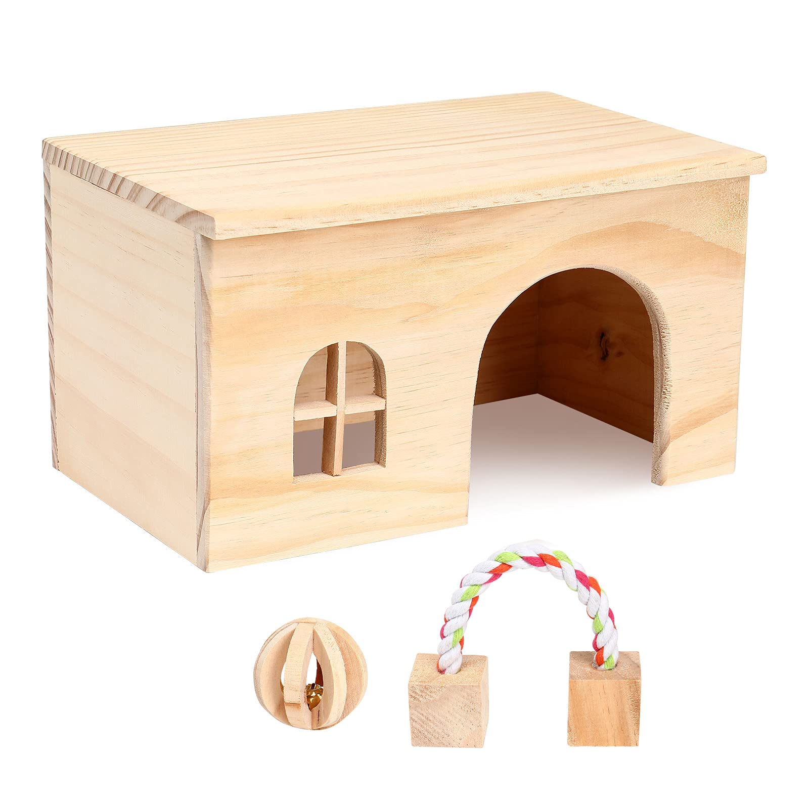Petmolico Hamster Wooden  House , Small Animals Natural Hideout Habitat Cage Play Hut with Window and Block Chew Toys for Guinea Pig Gerbils Chinchillas Hedgehogs  Tortoise , Medium
