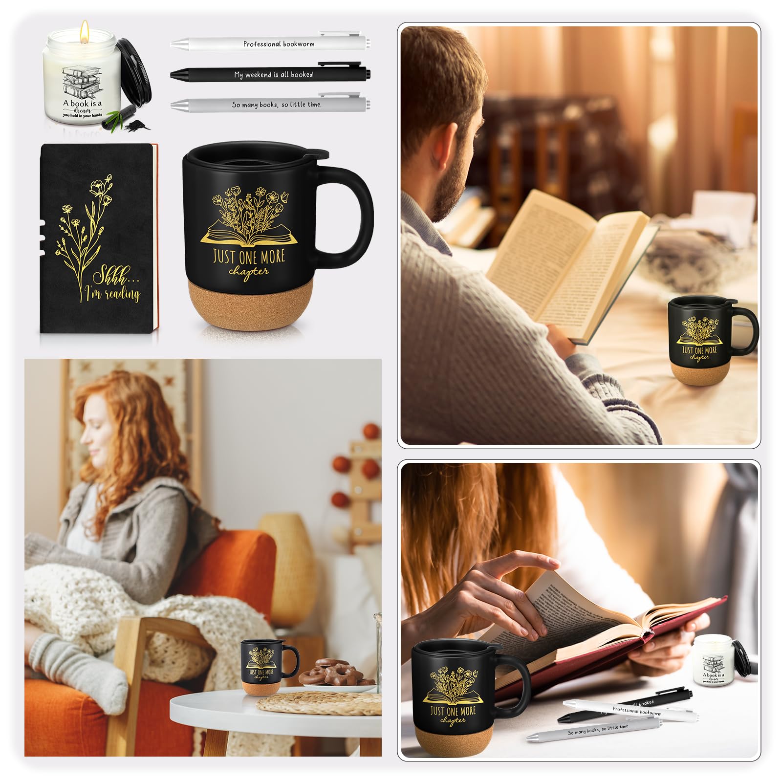 Baderke Regalos para amantes de los libros, tazas de cerámica con parte inferior de corcho, diario A6, cuaderno de velas, bolígrafos de lectura, regalos para mujeres y hombres, gusanos de libros, club