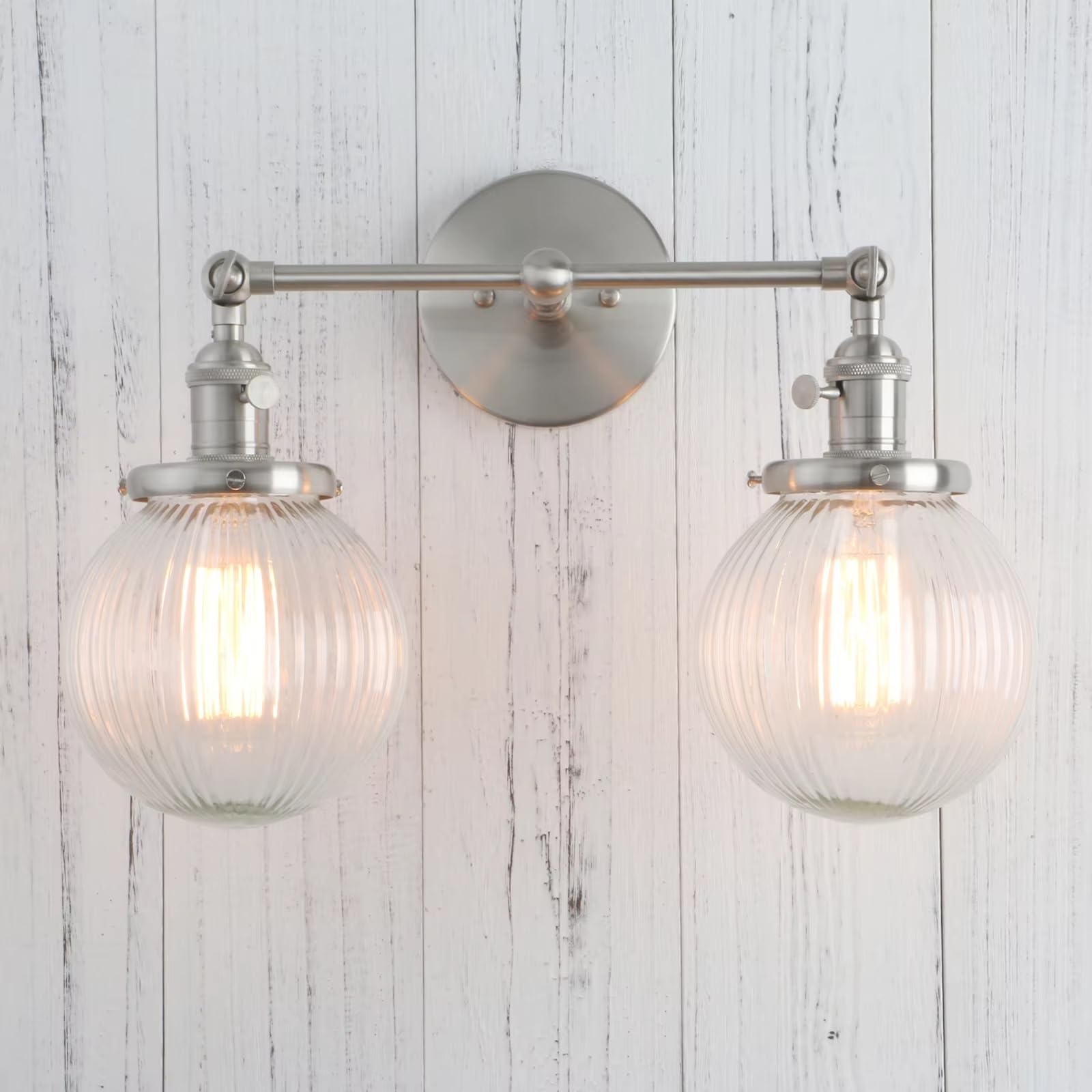 HPTHLY Vintage With Globe Glass Shade 2 Lights Wall Sconces Double Head Wall Lights With Switch Retro Style Rustic Wall Lamps (Silver)