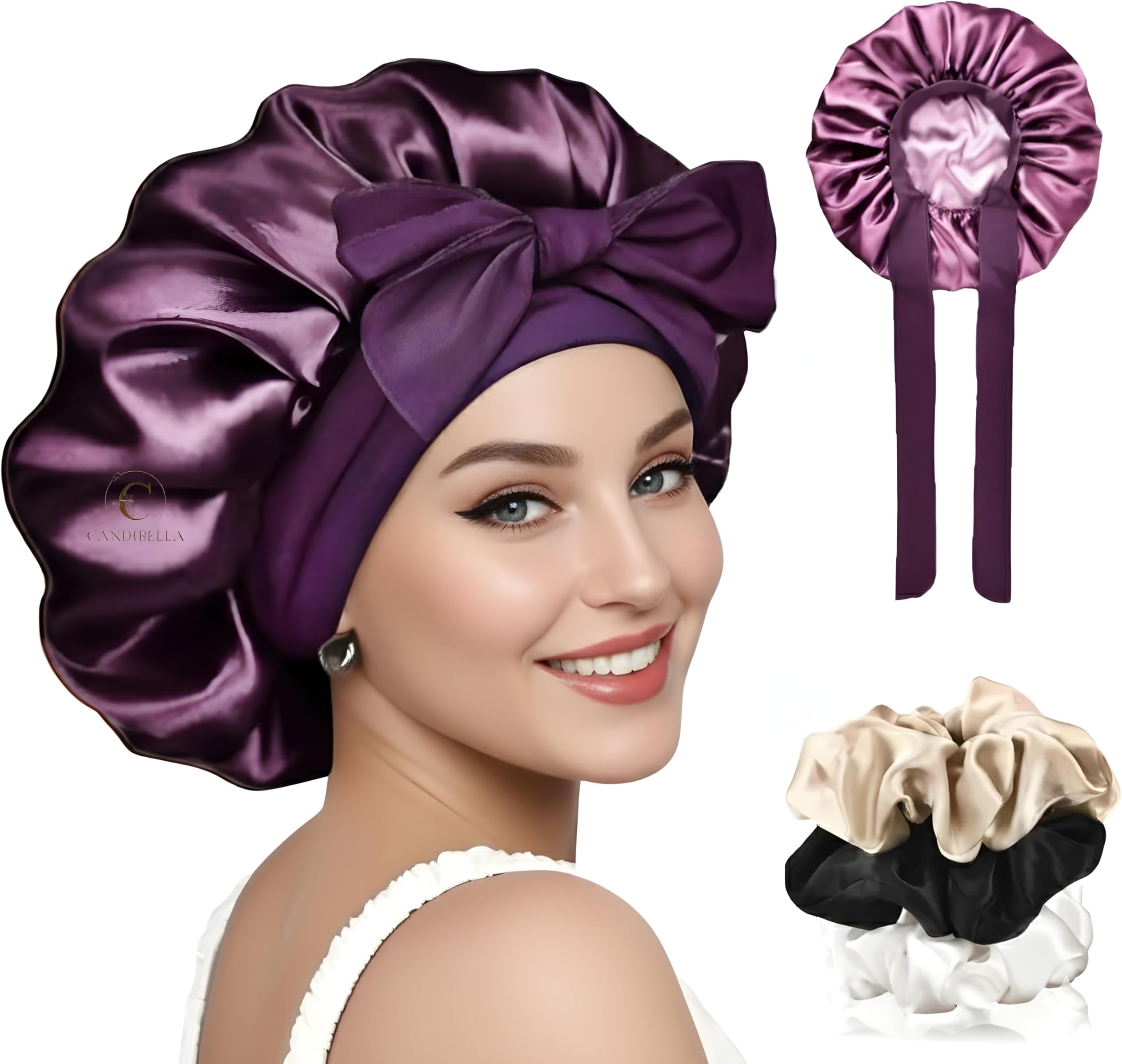 Silk Bonnet for Hair with 3 Scrunchies, Adjustable Hair Cap for Sleeping, Bonnet for Curly Hair with Wide Elastic Tie Band