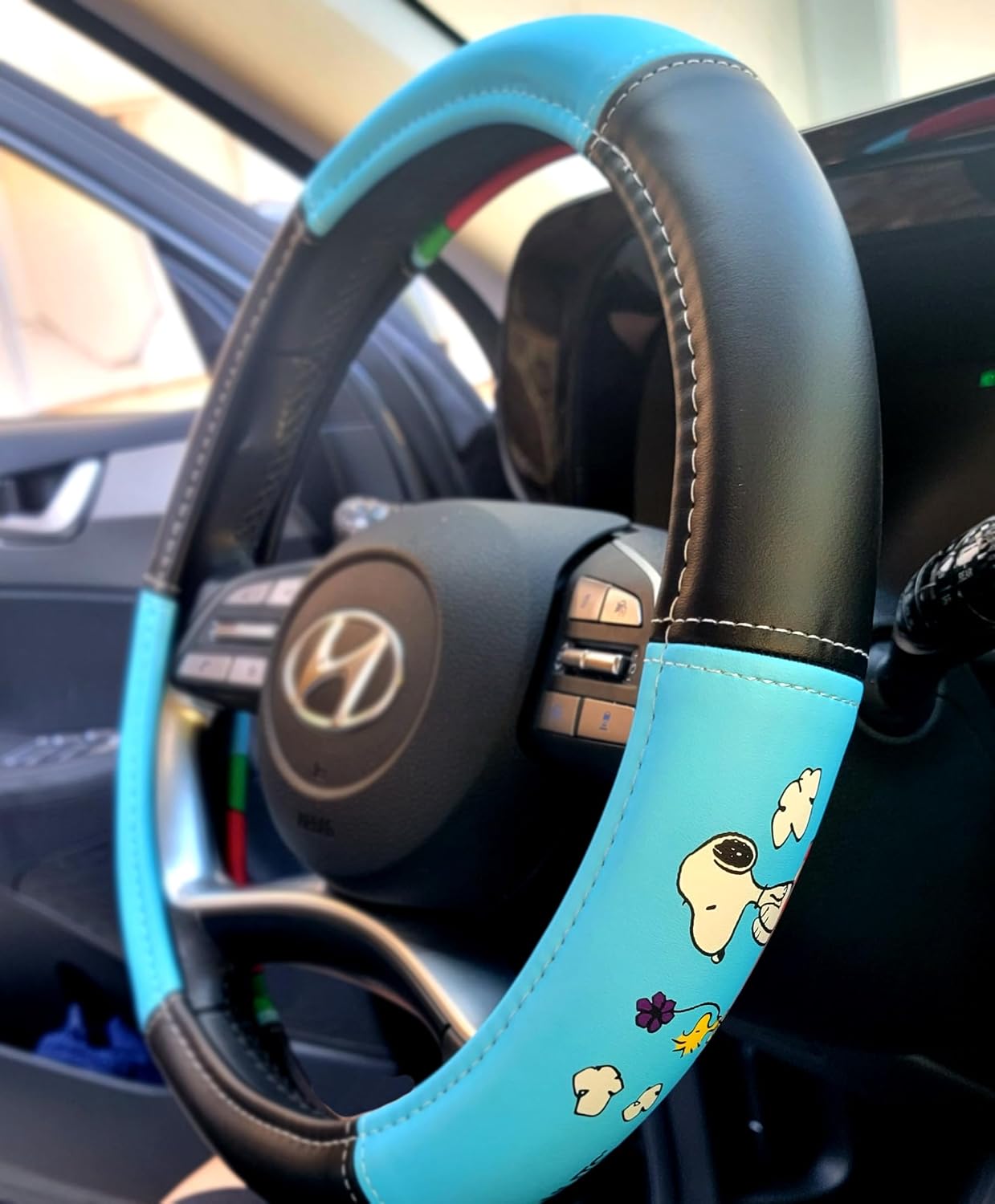 Peanuts Snoopy & Woodstock Dog House Car Sunshade Steering Wheel Cover 3D Keychain Air Freshener Bundle Set (Dog House Sunshade Steering Wheel Cover Keychain Set)