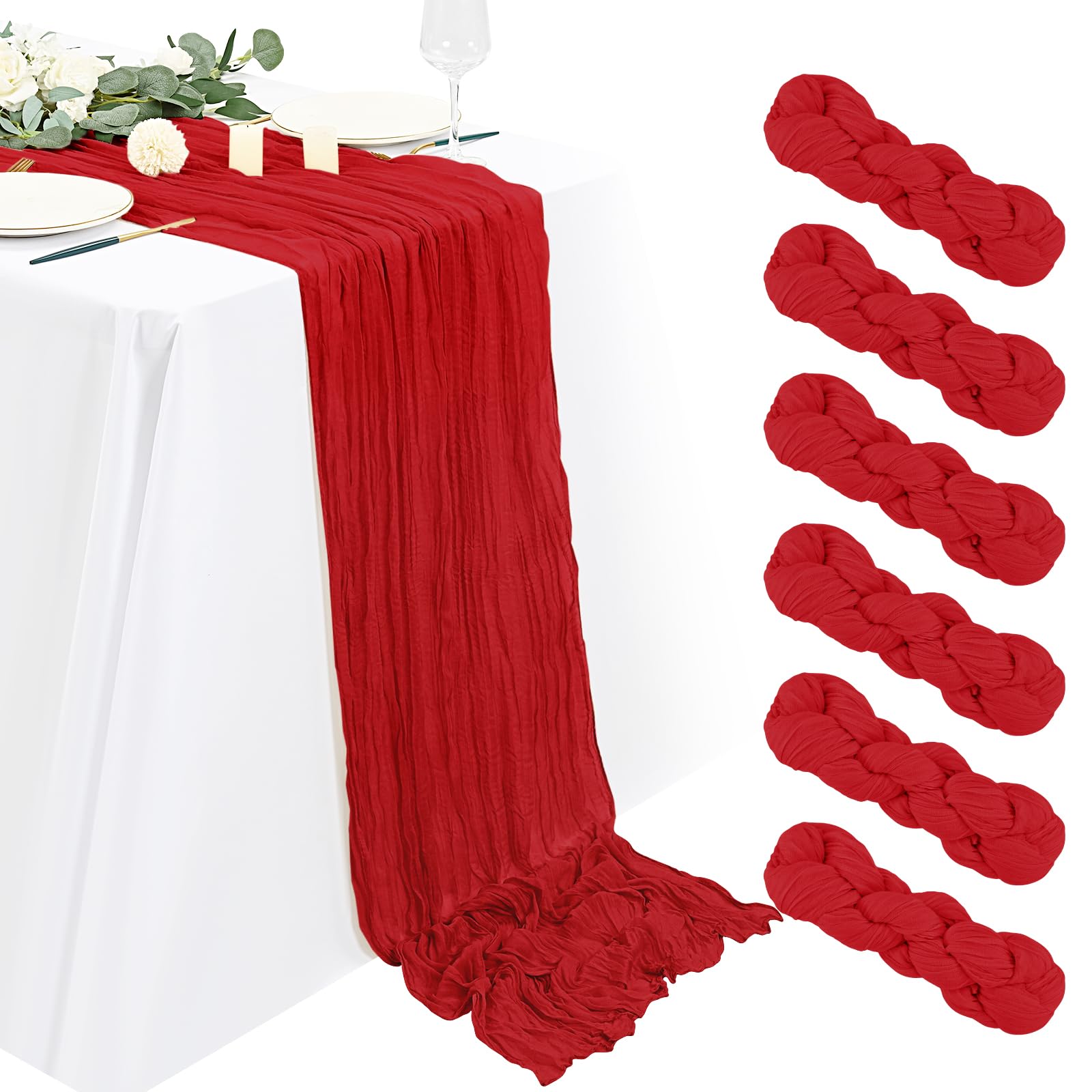 YMHPRIDE 6 Packs Red Cheesecloth Table Runner,Cheesecloth Table Runners Gauze Boho Rustic Table Runners for Wedding Bridal Shower Birthday Party Table Decor.(90x180 cm)