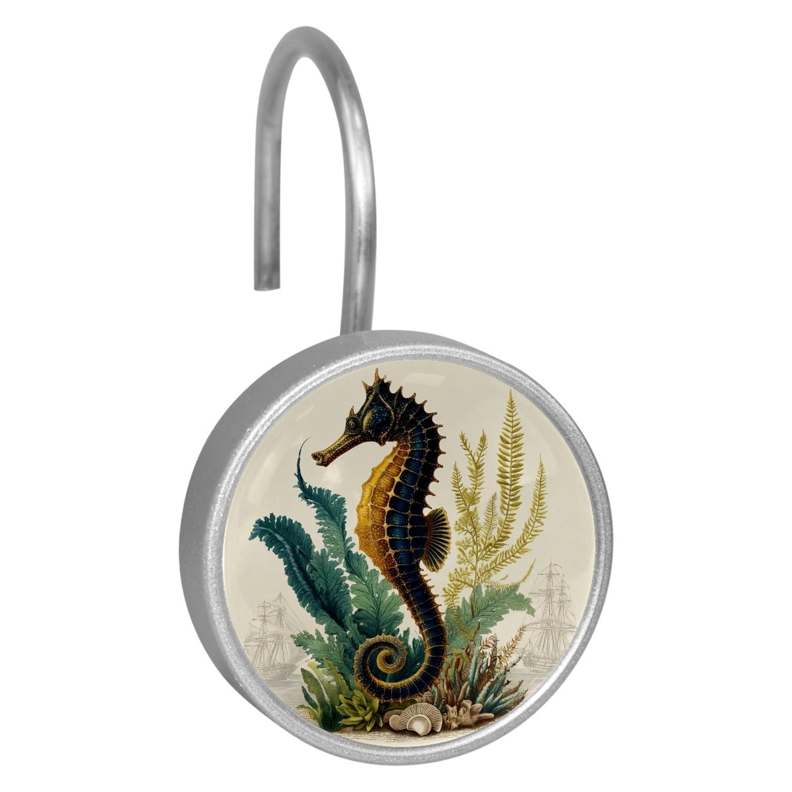 Set of 12 Stainless Steel Shower Curtain Hooks, Shower Rings for Bathroom, Rustproof Decorative Shower Hangers for Bedroom Living Room Shower Curtain Rod (Seahorse Sea Grass Retro)