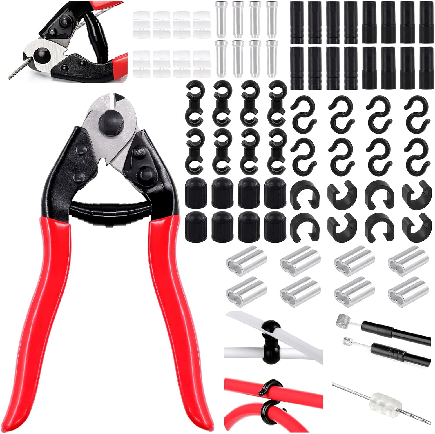 73Pcs Bike Crimping Loop Sleeve Set with Cable Cutter, Rope End Crimps, Shifter & Brake Wire End Caps, rings, Cable Ferrules, C-Buckles, S-Buckles and Valve Cover for Mountain Road Cycling