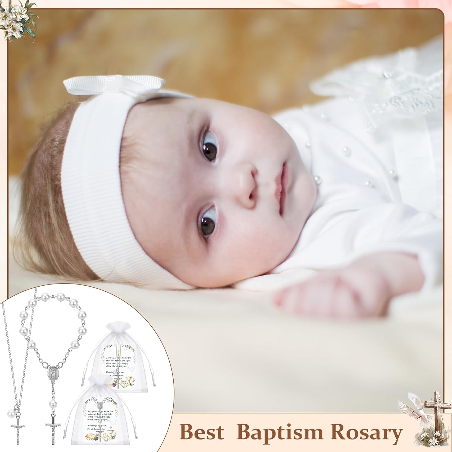 Fumete 144 Pcs First Holy Communion Gifts Communion Favors Sets Baptism Rosary Cross Necklace Bracelets with Cards Organza Bags Christian Easter Gifts for Religious Events(Silver)