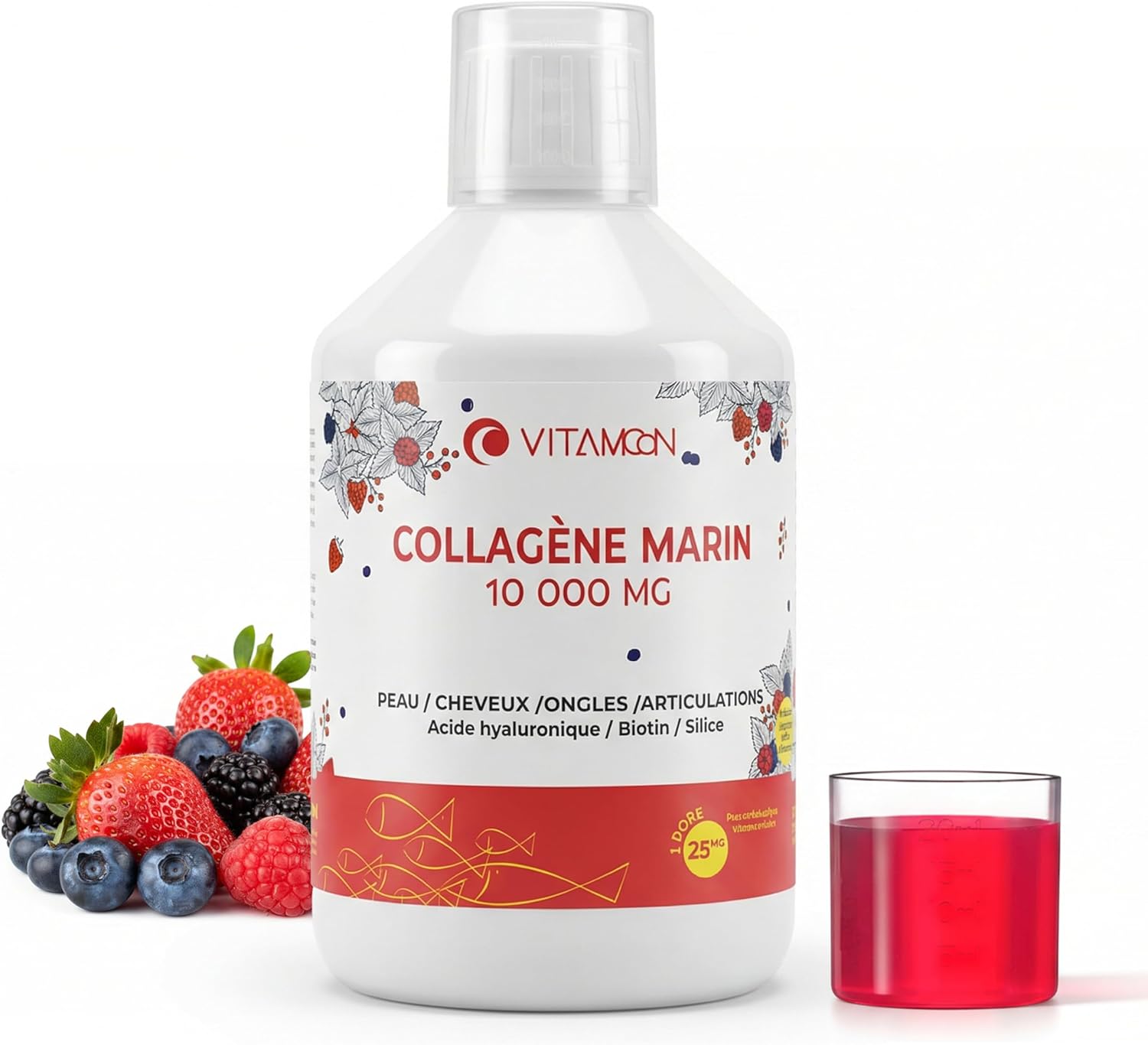 Vitamoon Liquid Marine Collagen Drink 10,000 mg – Hydrolyzed Peptides Type 1 & 3 – High Concentration with Biotin & Hyaluronic Acid – 20 Day Cure – Strawberry Flavour