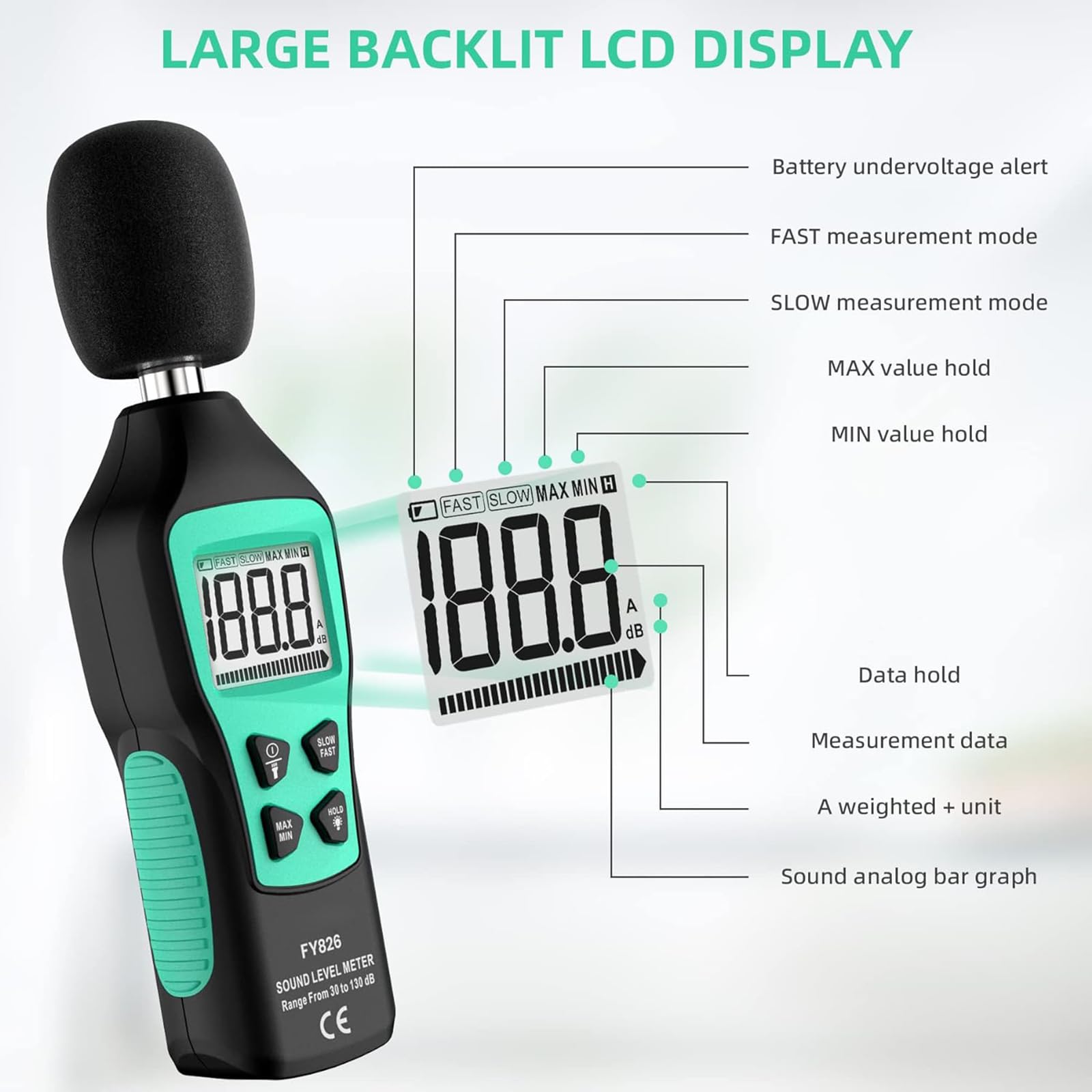 Muloo Decibel Meter/Sound Pressure Level Reader / 30-130dBA Ranges Digital Sound Level Meter Decibel Meter