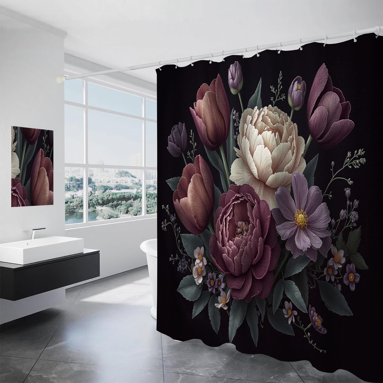 Rideau Douche,Rideau Baignoire Lavable en Machine Rideaux Douche Tissus Lavable Rideau De Baignoire Lavable pour Salle De Bain Domicile Baignoire Famille,Tulipes Pivoines,