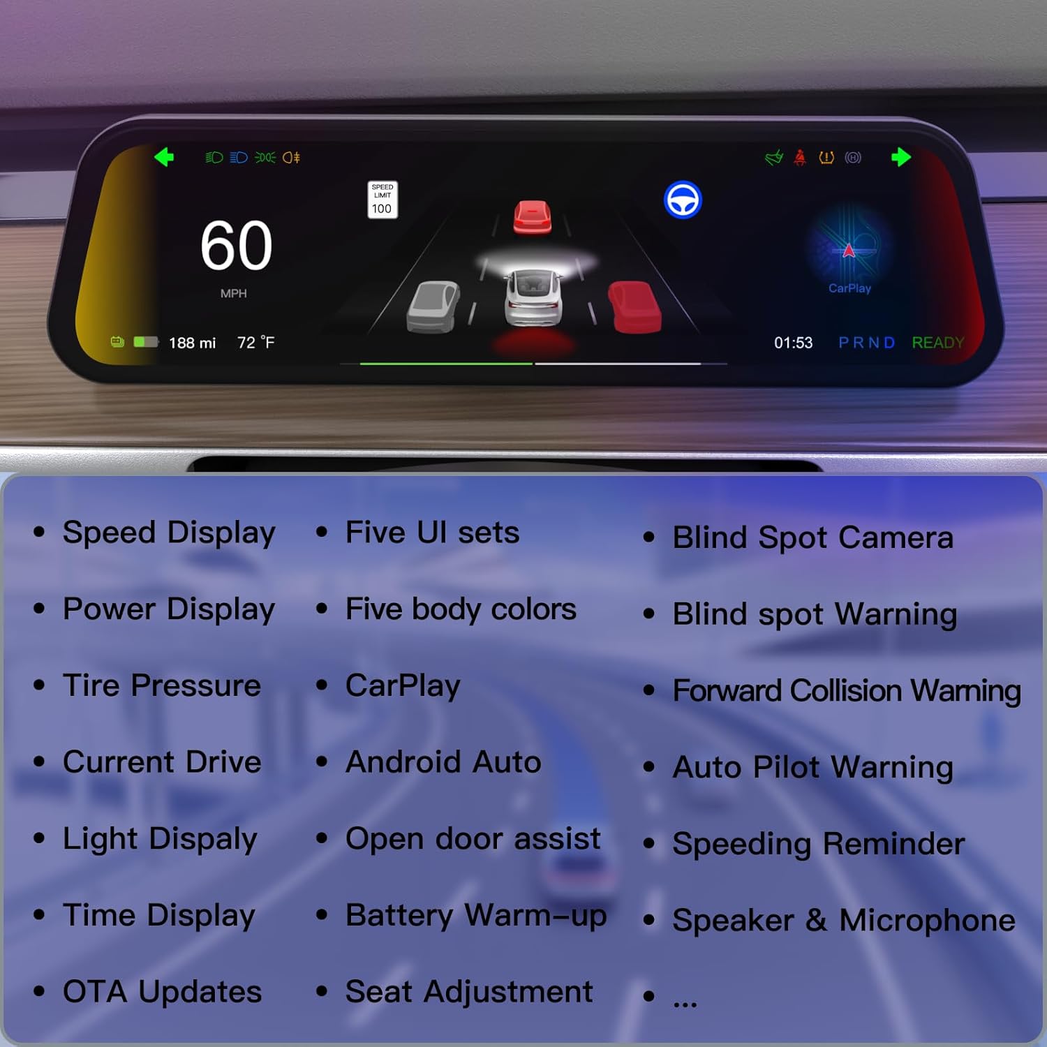 9.6" Heads Up Display for Tesla Model Y & Model 3 - Wireless CarPlay & Android Auto, Ultra-Thin Screen with Front Camera, No AC Blockage, OTA Updates, Sync Info, Low Power Use