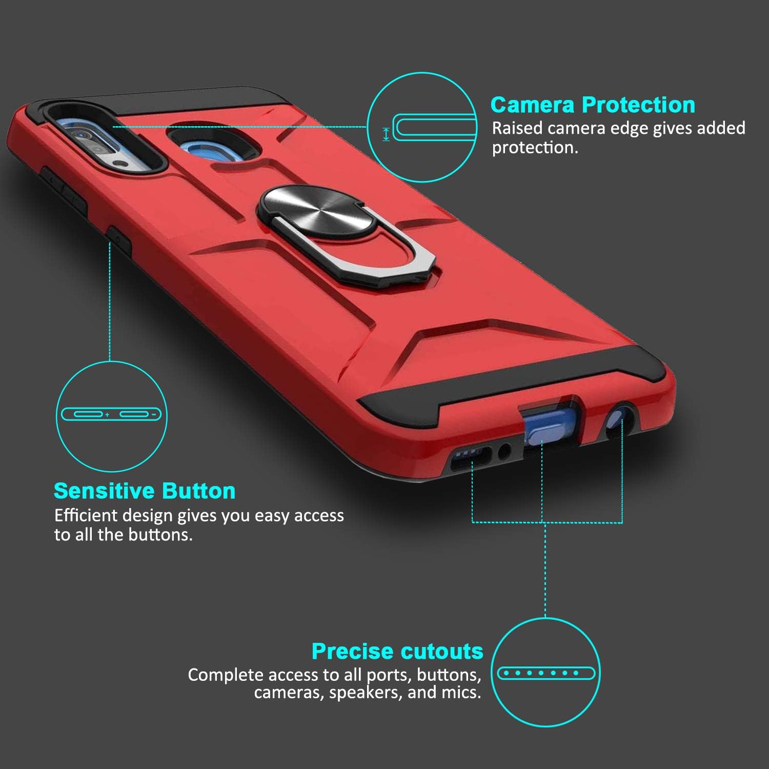 TJS Compatible with Samsung Galaxy A01 Case, with Tempered Glass Screen Protector Defender Metal Ring Magnetic Support Kickstand Heavy Duty Drop Protector Phone Case Cover (Red)