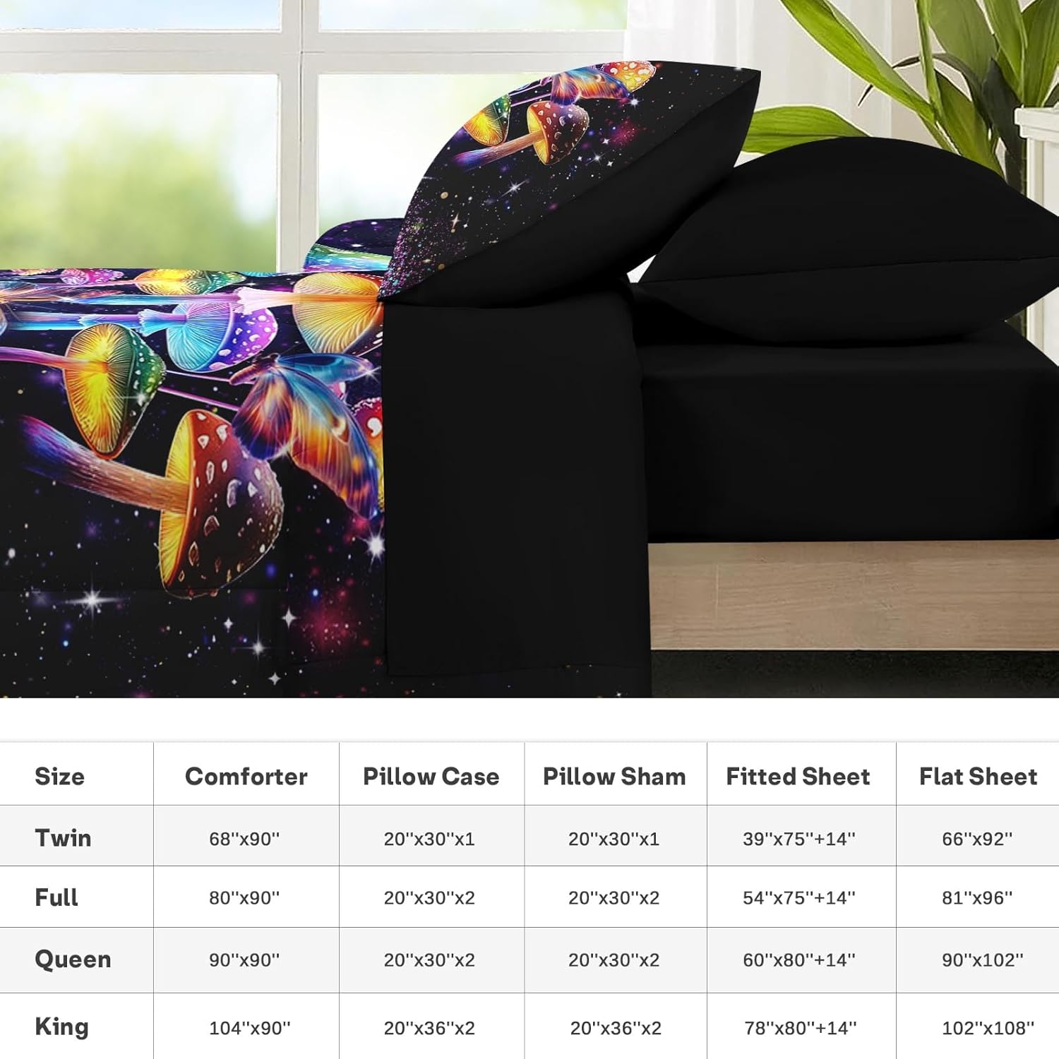 Nesker 7 Pcs Comforter Set Queen Size, Colorful Mushroom Dream Bedding Set for Kids and Adults, Hippie Plant Bed Sheet Sets with Fitted Sheet 2 Pillowcases & 2 Shams