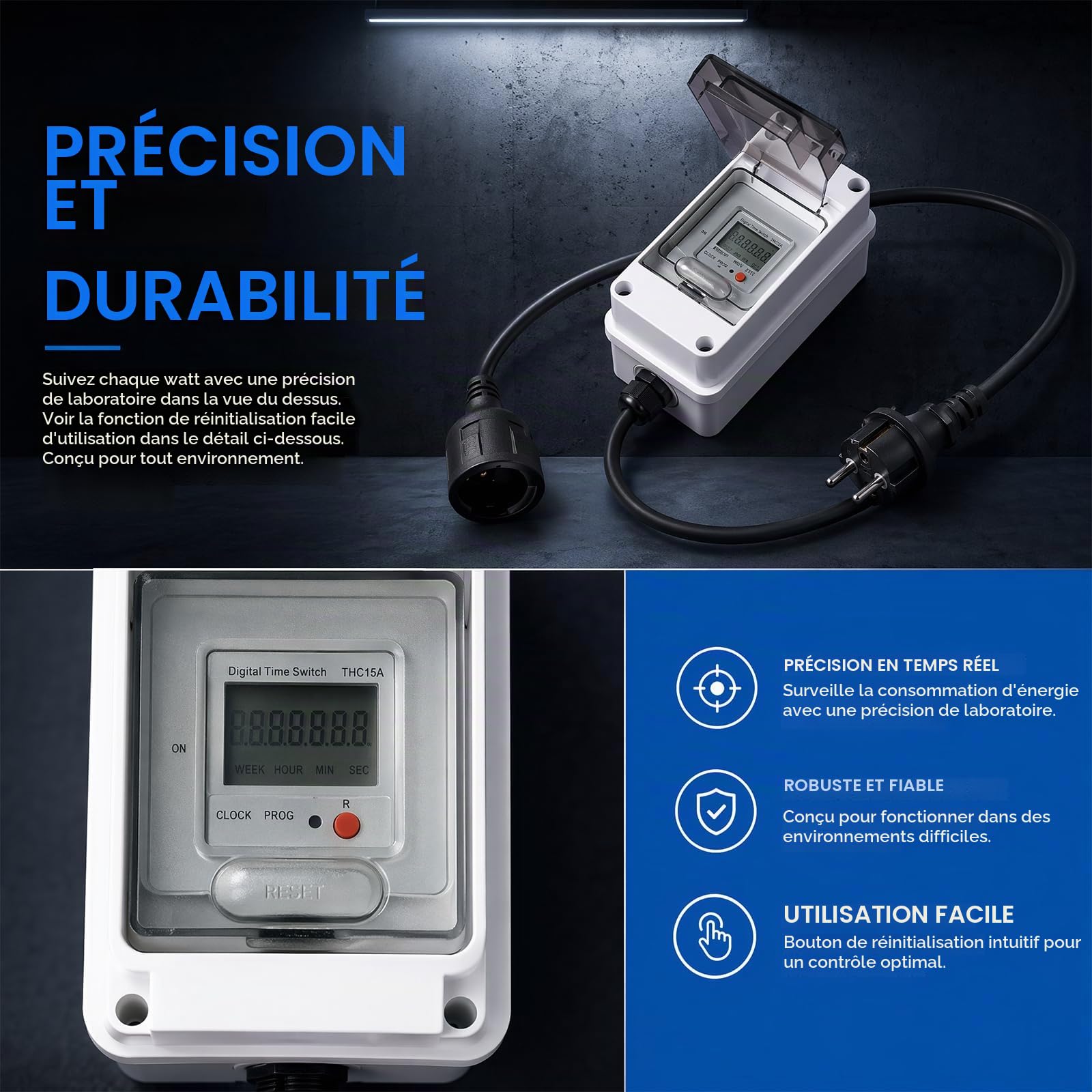 Compteur Électrique Numérique, 230V 16A, IP65, Reset, Câble 1m