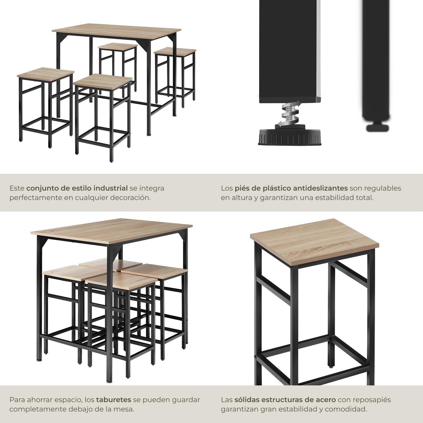 tectake® Mesa Alta de Bar con 4 Taburetes, Mueble de Cocina Estilo Industrial, Diseño Comedor y Mesa Cocina, Muebles de Salon, Taburete - 100 x 124 x 88,5 cm Madera Industrial Clara, Roble Sonoma