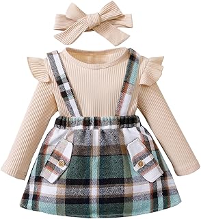 LUVCES Conjuntos Otoño Faldas para Niñas Pequeñas Manga Larga Top de Canalé con Volantes + Lazo/Cuadros Falda con Tirante...