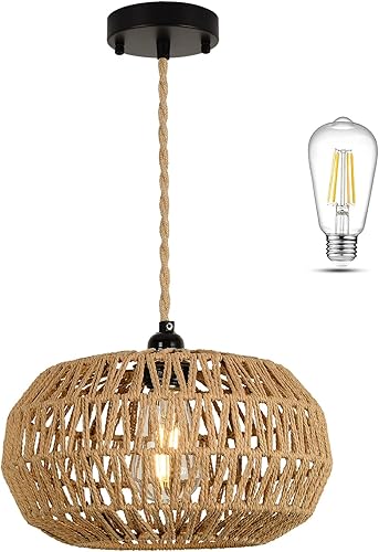 Miniatura 9 de Luces colgantes LED de ratán de granja, lámpara de araña bohemia, mimbre rústico tejido a mano, cesta colgante para comedor, sala de estar, cocina,