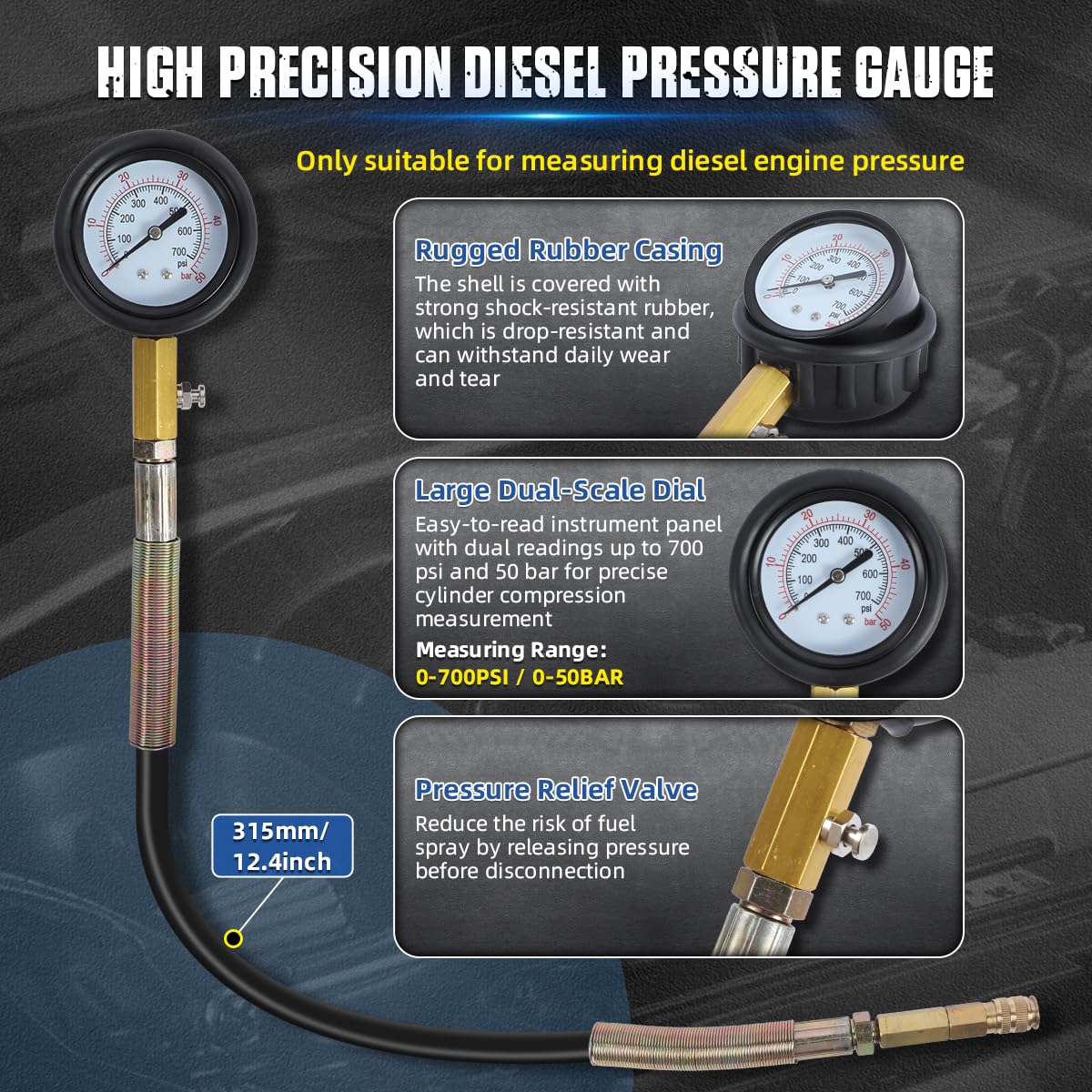 46PCS Compression and Leakage Test Kit Petrol & Diesel Compression Tester Kit Automotive Cylinder Leak Down Tester with Dual Gauge Engine Compression Tester Kit for HDI, TDCi, Pumpe Duse Engine