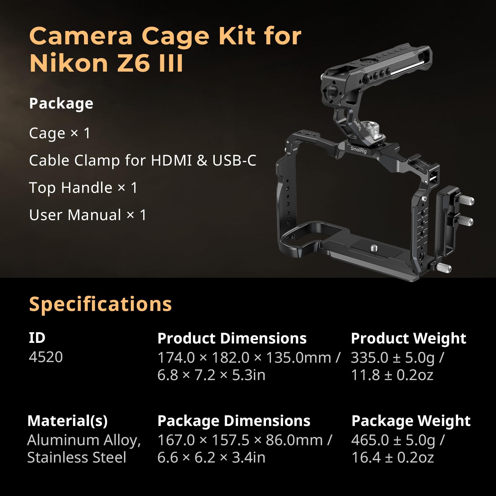 SMALLRIG Camera Cage Kit for Nikon Z6 III, z Górnym Uchwytem i Zaciskiem Kablowym, Zestaw Pełnej Klatki na Aparat Fotograficzny ze Stopu Aluminium z Konstrukcją Zapobiegającą Skręcaniu - 4520