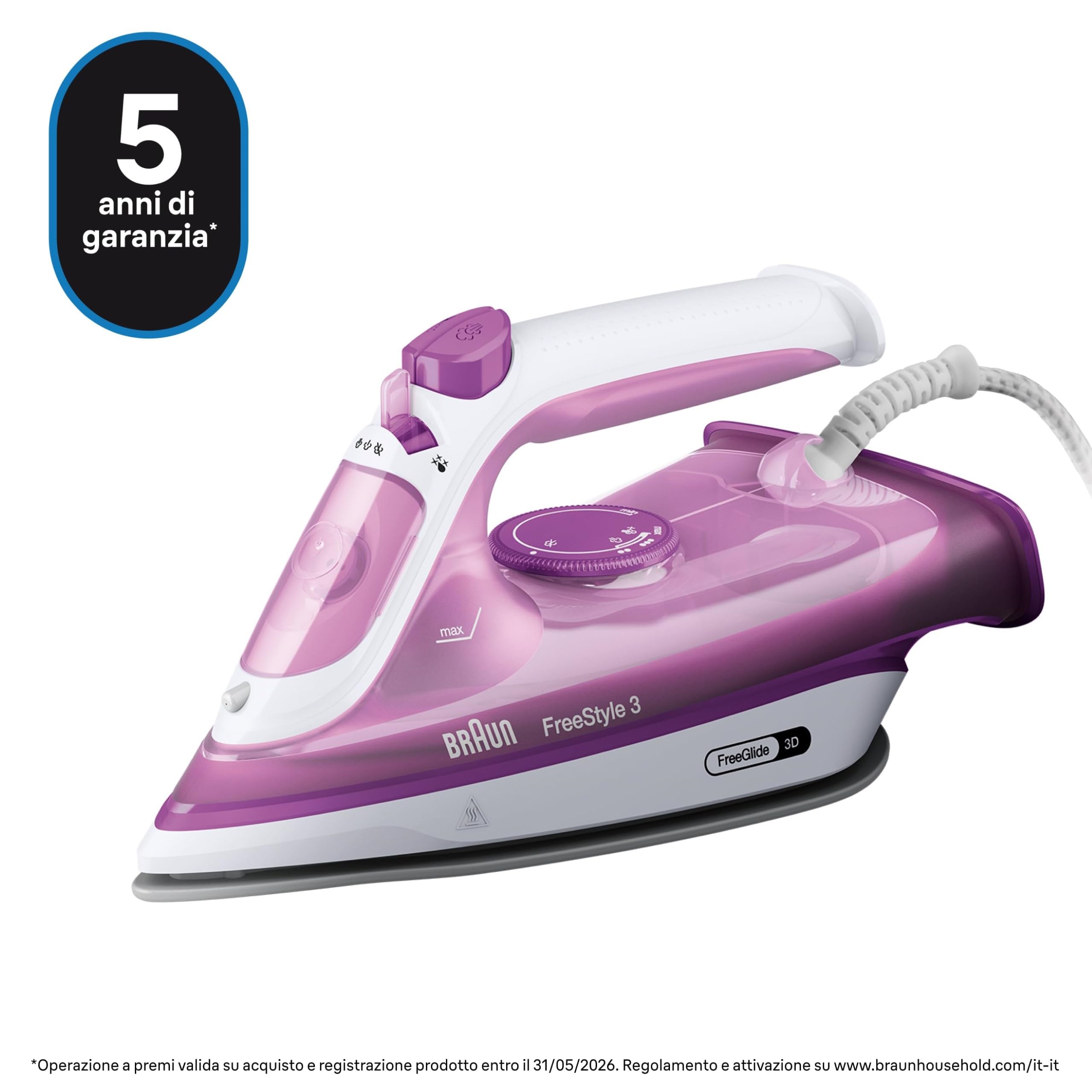 Braun FreeStyle3 FI3124PU Ferro da Stiro con 5 Anni di Assistenza, MODALITA' ECOMODE Risparmio Energetico, Tecnologia FreeGlide 3D, vapore 170g/min, AutoSpegnimento, Serbatoio acqua 270ml, 2700W,Viola