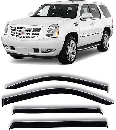 Protectores de lluvia para ventanas de automóvil, viseras de ventana con tira cromada, instalación con cinta, compatible con Escalade III 2007-2014,