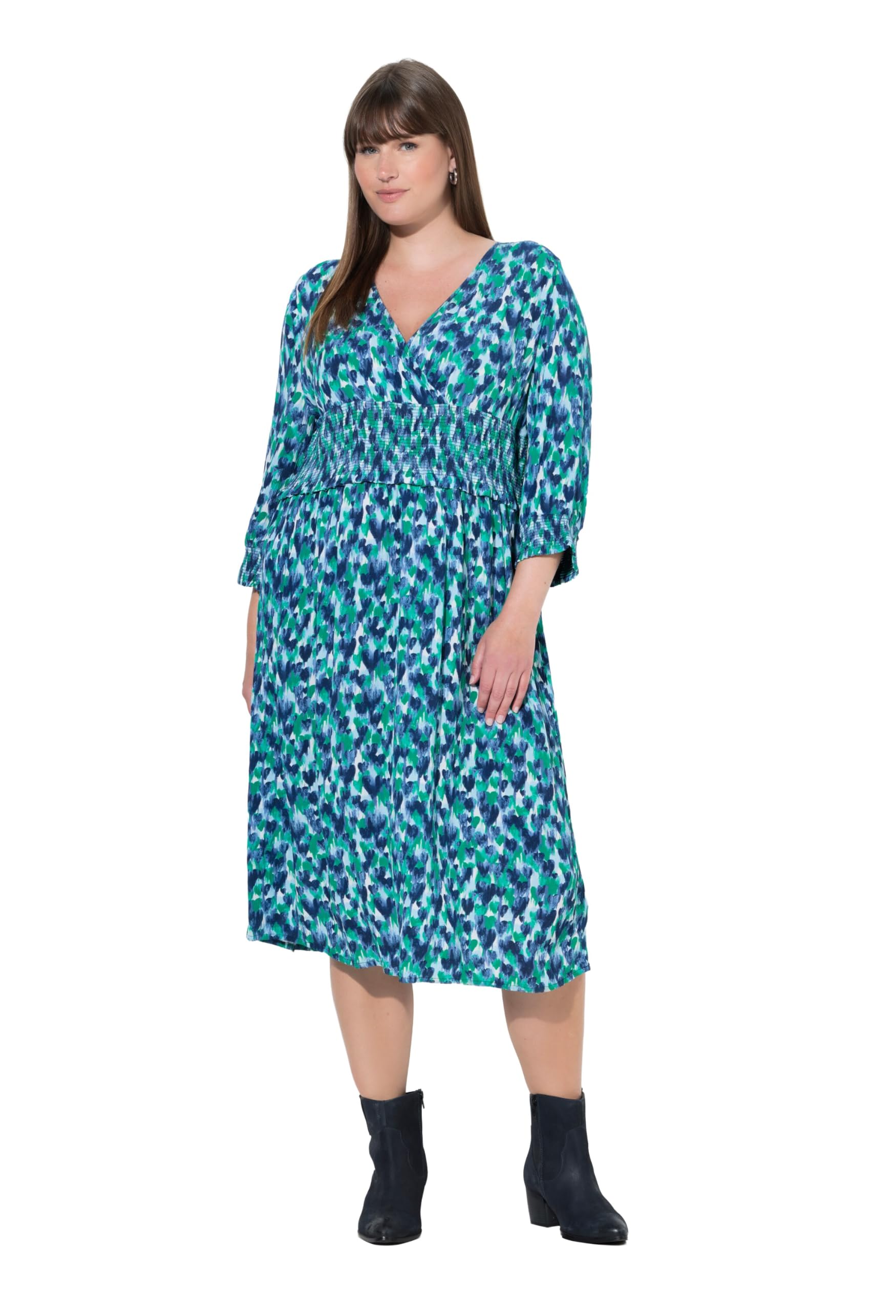 Ulla Popken Damen große Größen Übergrößen Plus Size Midikleid, Herzen, Wickeloptik, V-Ausschnitt, 3/4-Arm 845360