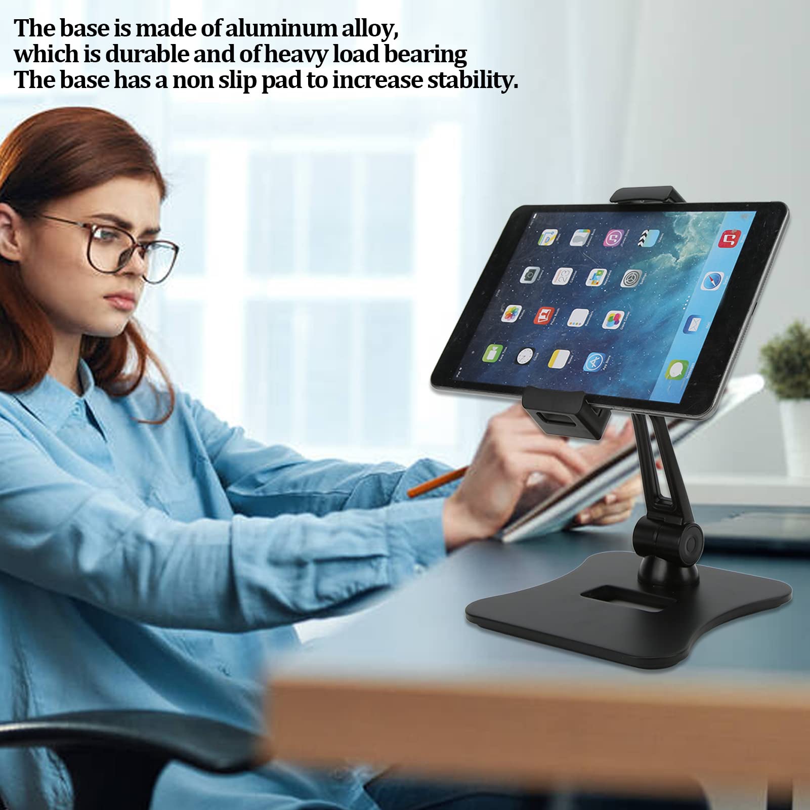 Cyrank Supporto per Tablet, Supporto per Tablet Pieghevole in Alluminio Girevole a 360° Base Resistente Supporto da Tavolo Regolabile per Tavolo da Ufficio