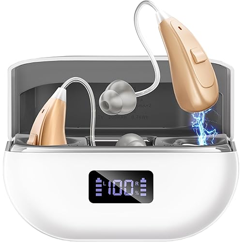 OTC Hearing Aids for Seniors & Adults - Rechargeable, 25+ Hour Battery Life, Advanced Noise Cancellation, 5-Level Volume & Memory, Clear Sound, Comfort-Fit, LED Display (White)
