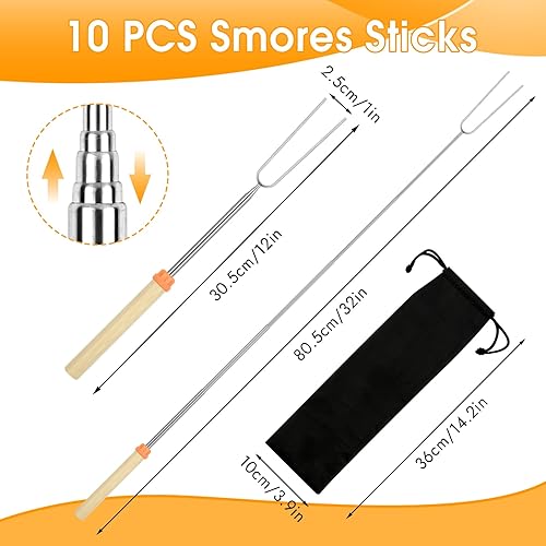 Miniatura 4 de Paquete de 10 palitos Smores de 32 pulgadas para asar malvaviscos para hogueras, brochetas extensibles con bolsa, tenedor para perros calientes, kit