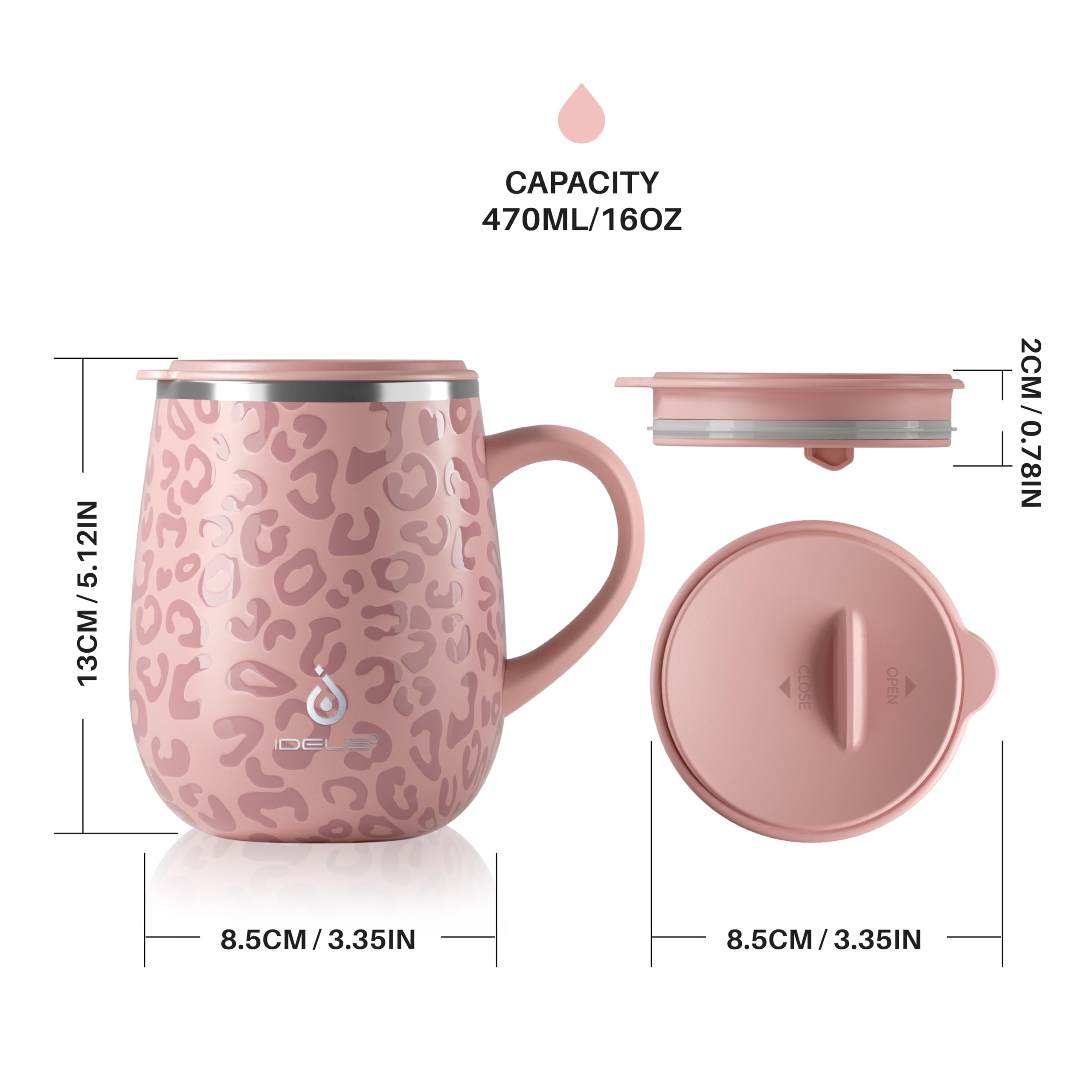 Ideus Taza de café aislada de 16 onzas con tapa y asa (rosa leopardo)