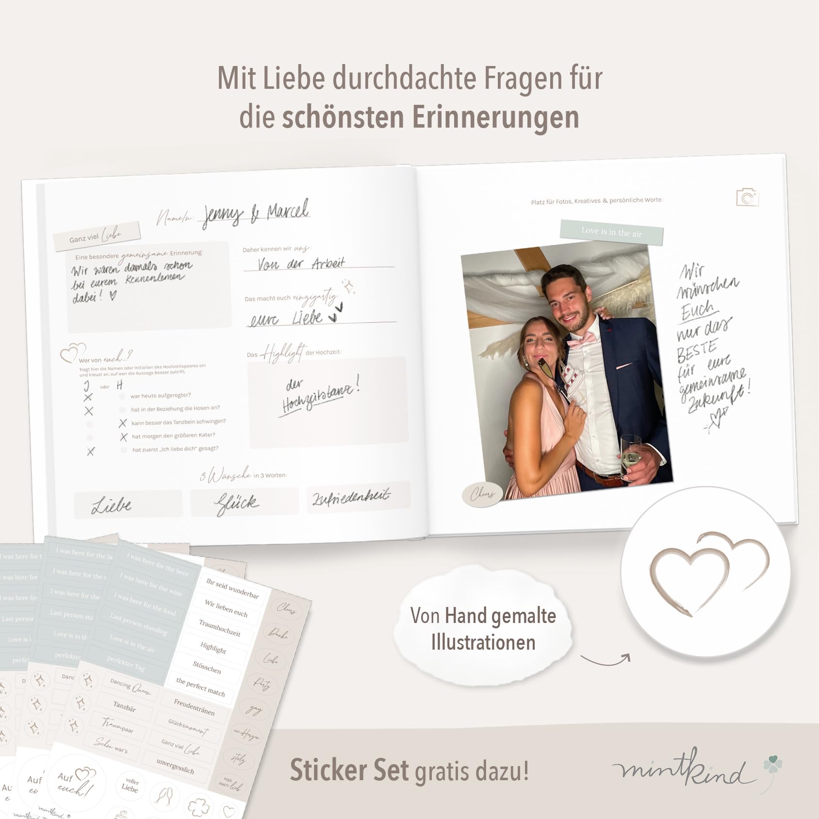 mintkind® Gästebuch Hochzeit zum Ausfüllen Beige inkl. 4 Stickerbögen | 84 Seiten mit Fragen für die Gäste | Hochzeitsgeschenke für Brautpaar als Hochzeit Deko | Goldene Hochzeit Silber Hochzeit